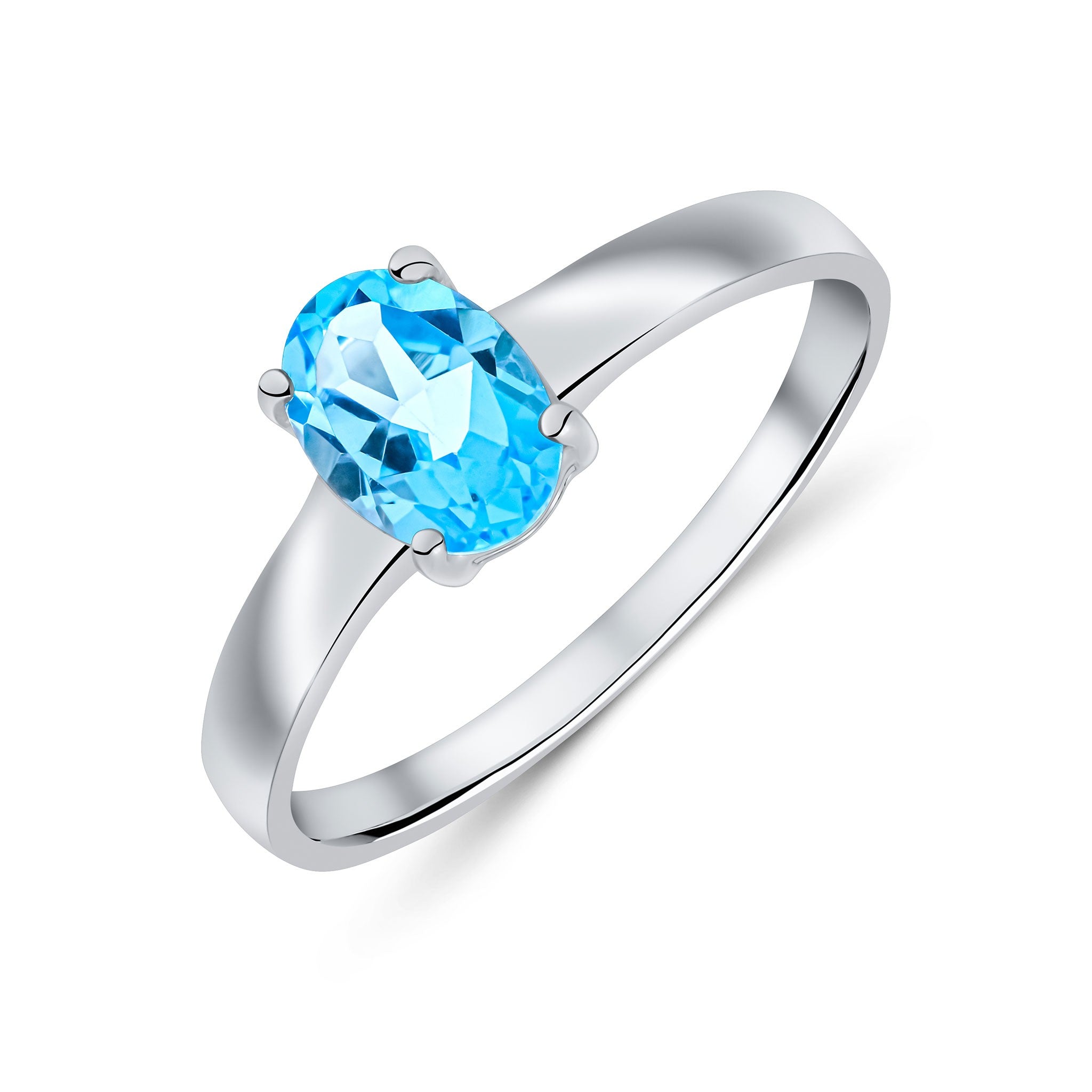 9CT WG 7X5 OVAL SWISS BLUE TOPAZ 4 CLAW SINGLE STONE RING