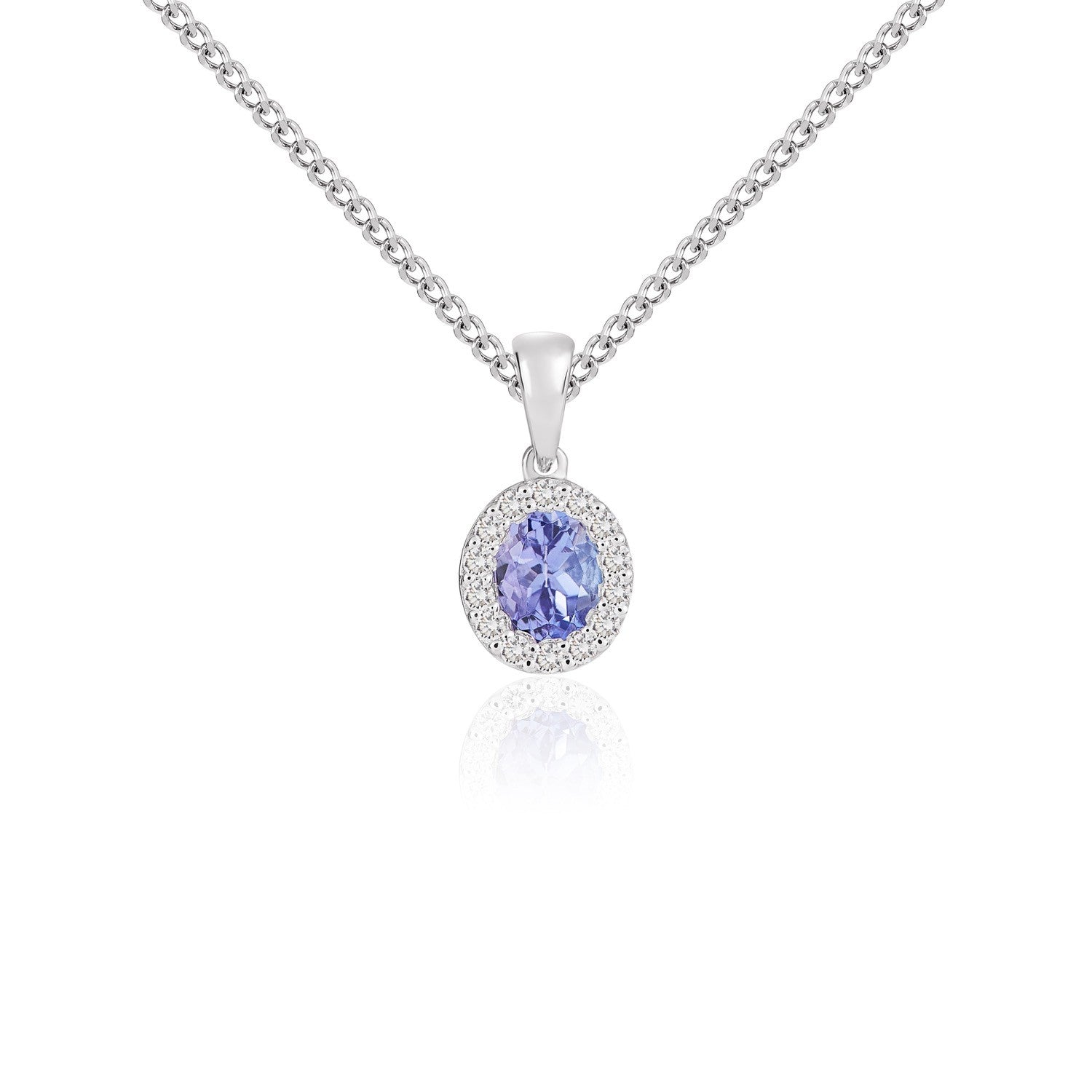 18CT WG 5X4 OVAL TANZANITE & DIAMOND MICROSET CLUSTER PENDANT