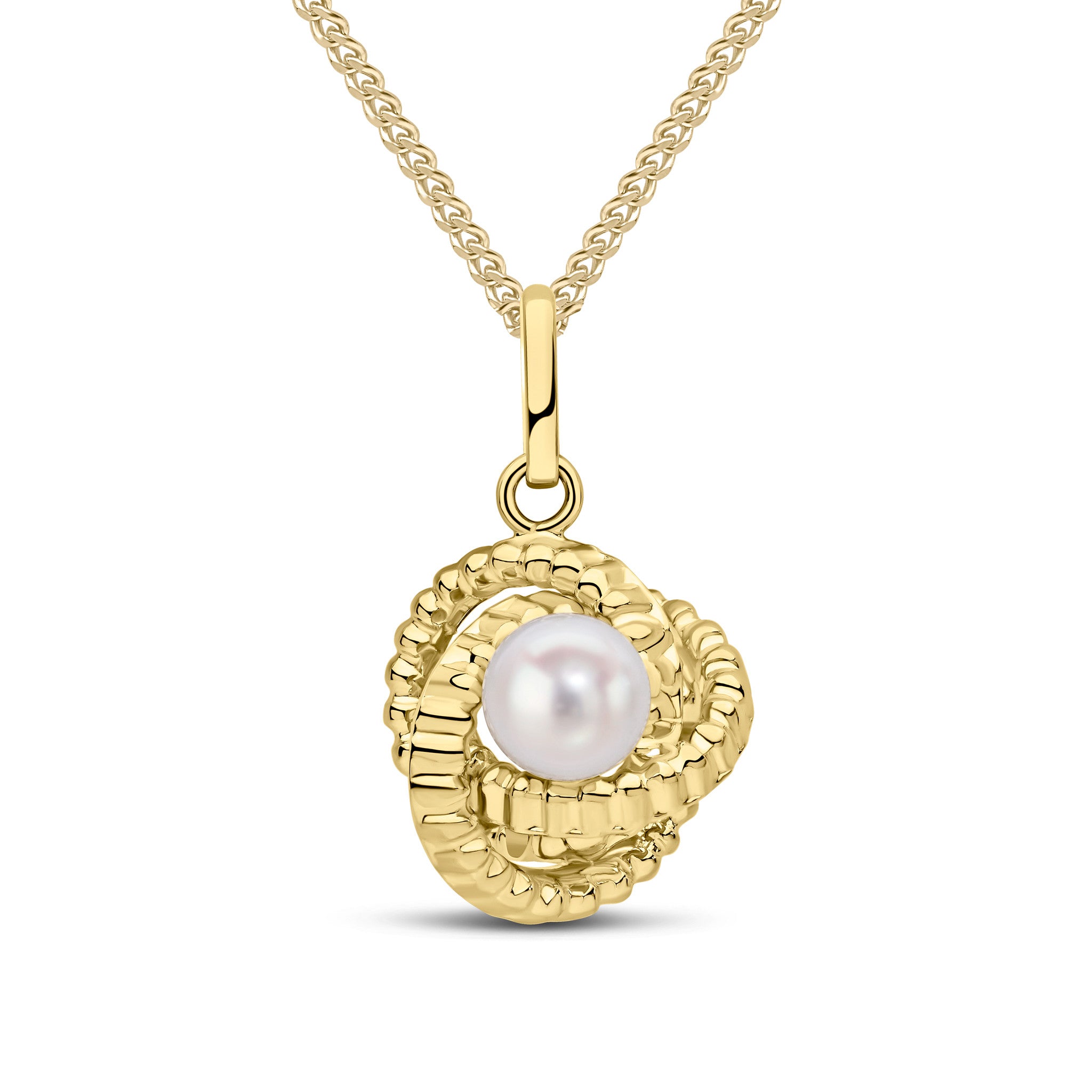 9CT YELLOW GOLD TEXTURED KNOT PENDANT WITH 5MM CULTURED FRESHWATER PEARL CENTRE
