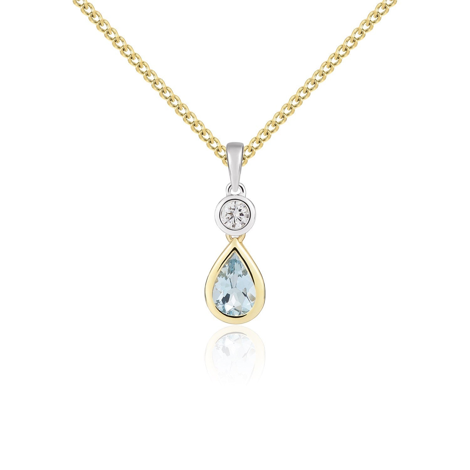 18CT YWG PEARSHAPE AQUA AND ROUND DIAMOND 2ST RUBOVER PENDANT