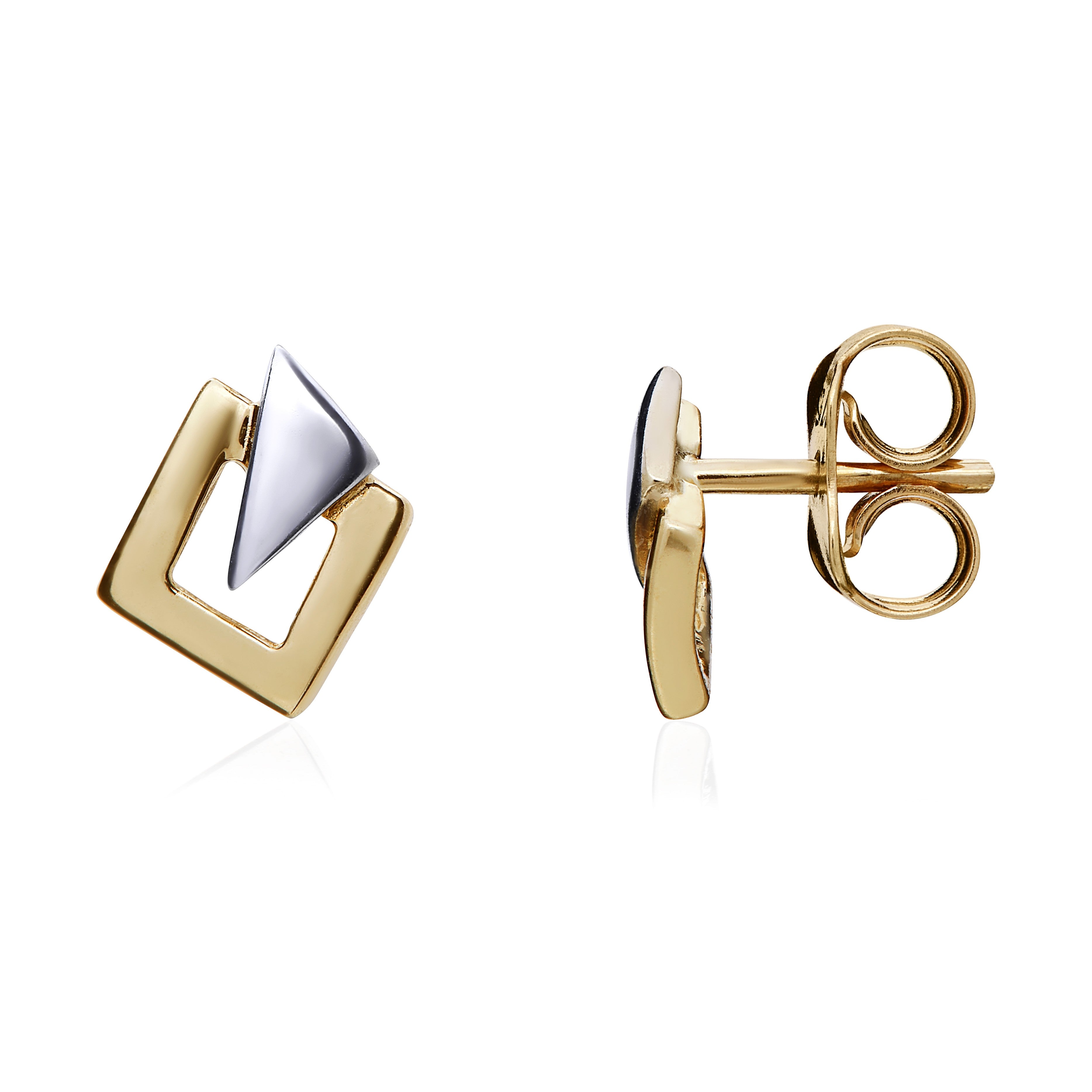 9CT YELLOW GOLD OPEN SQUARE WITH WHITE GOLD TRIANGLE OVERLAID STUD EARRINGS