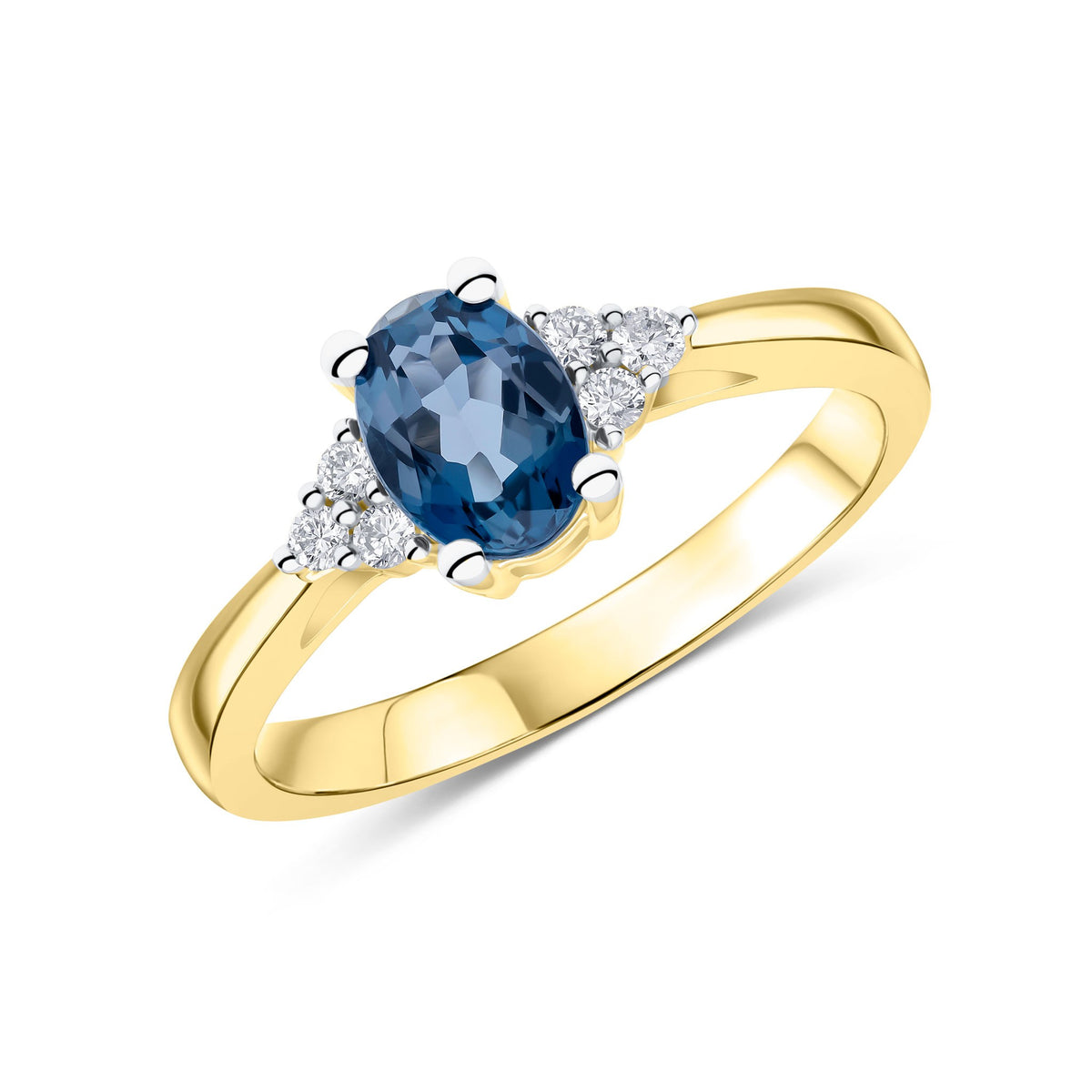 9CT YWG 7X5 OVAL LONDON BLUE TOPAZ & DIAMOND TREFOIL SHOULDERS RING