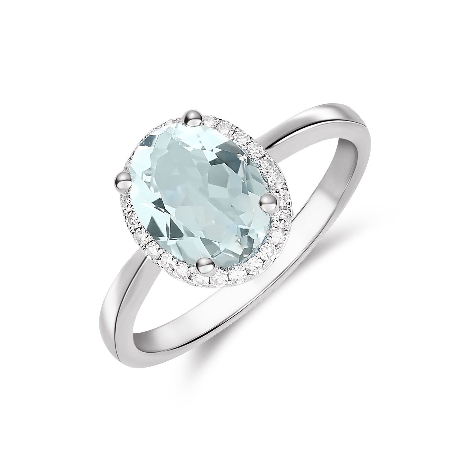 9CT WG 9X7 OVAL AQUAMARINE & DIAMOND CLAW SET CLUSTER RING