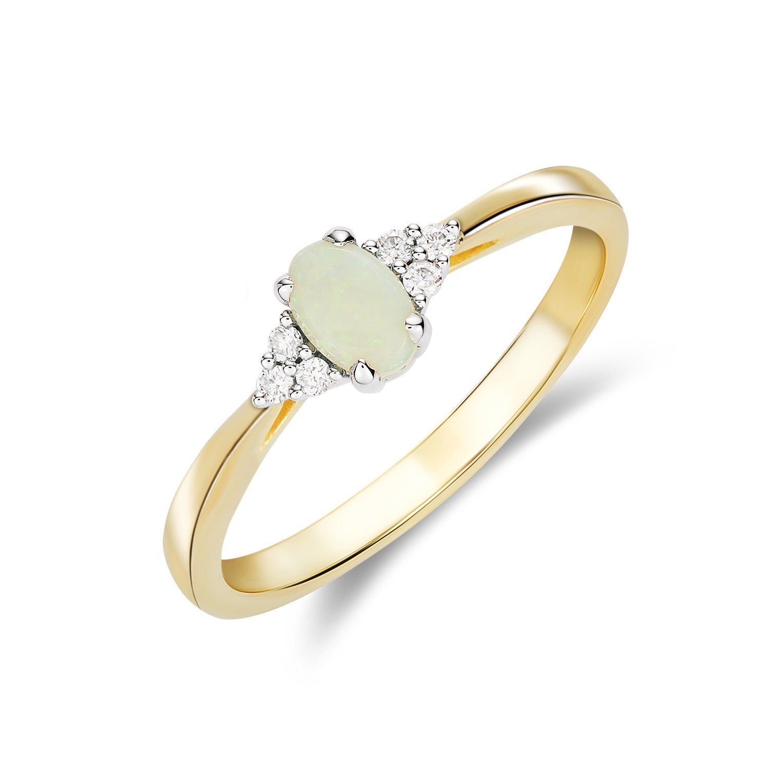 9CT YWG 6X4 OVAL OPAL & ROUND DIAMOND TREFOIL SHOULDERS RING