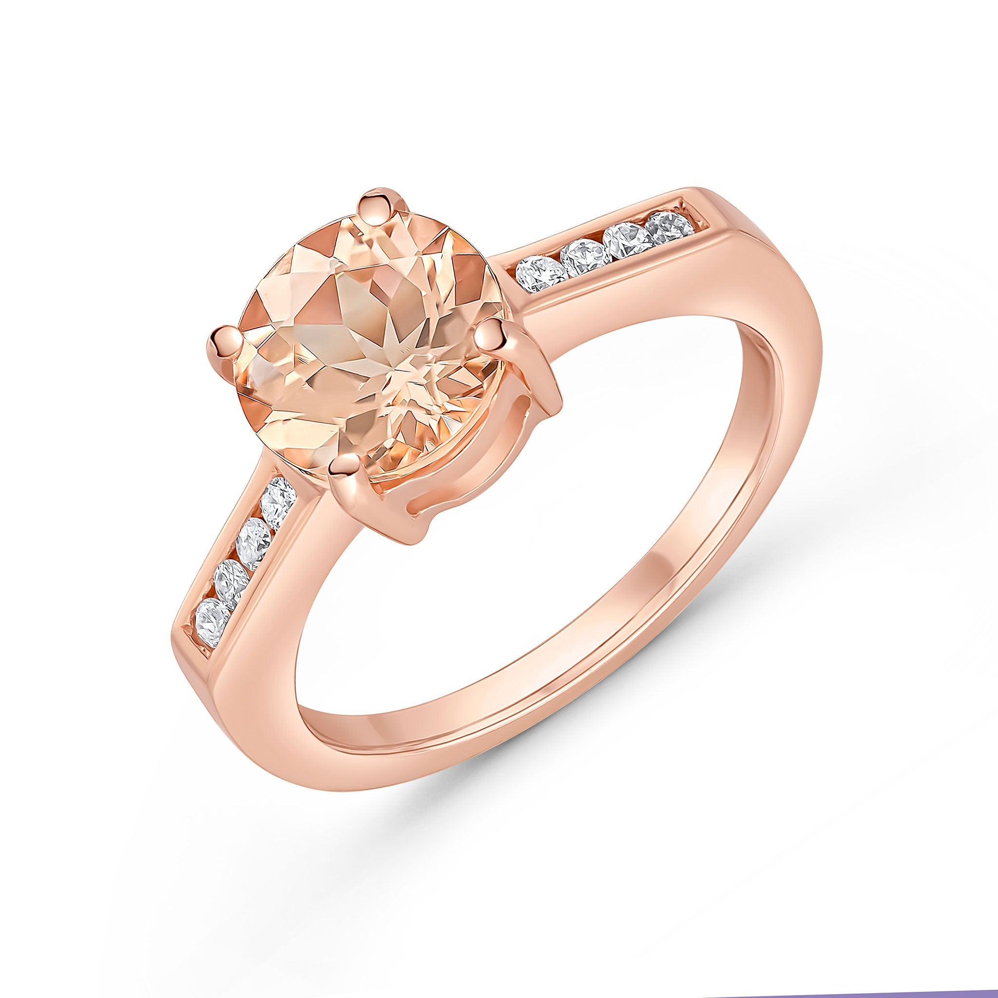 9CT RG CLAW SET 8MM ROUND MORGANITE SINGLE STONE RING WITH CHANNEL SET DIAMOND SHOULDERS