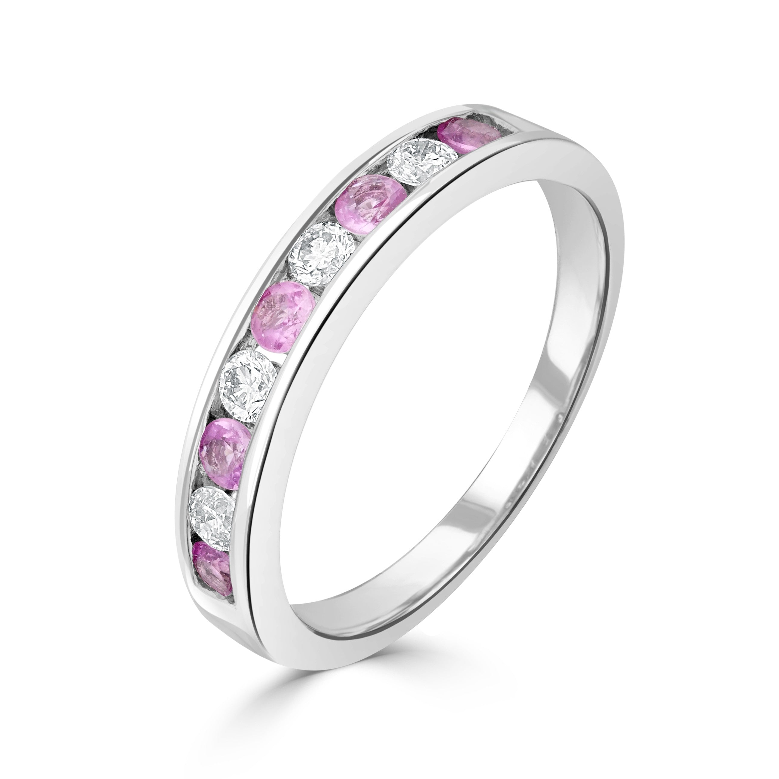 9CT WG ROUND PINK SAPPHIRE & ROUND DIAMOND CHANNEL SET 9ST RING