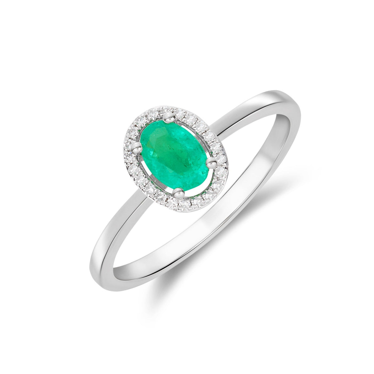 9CT WG 6X4 OVAL EMERALD AND ROUND DIAMOND HALO CLUSTER RING