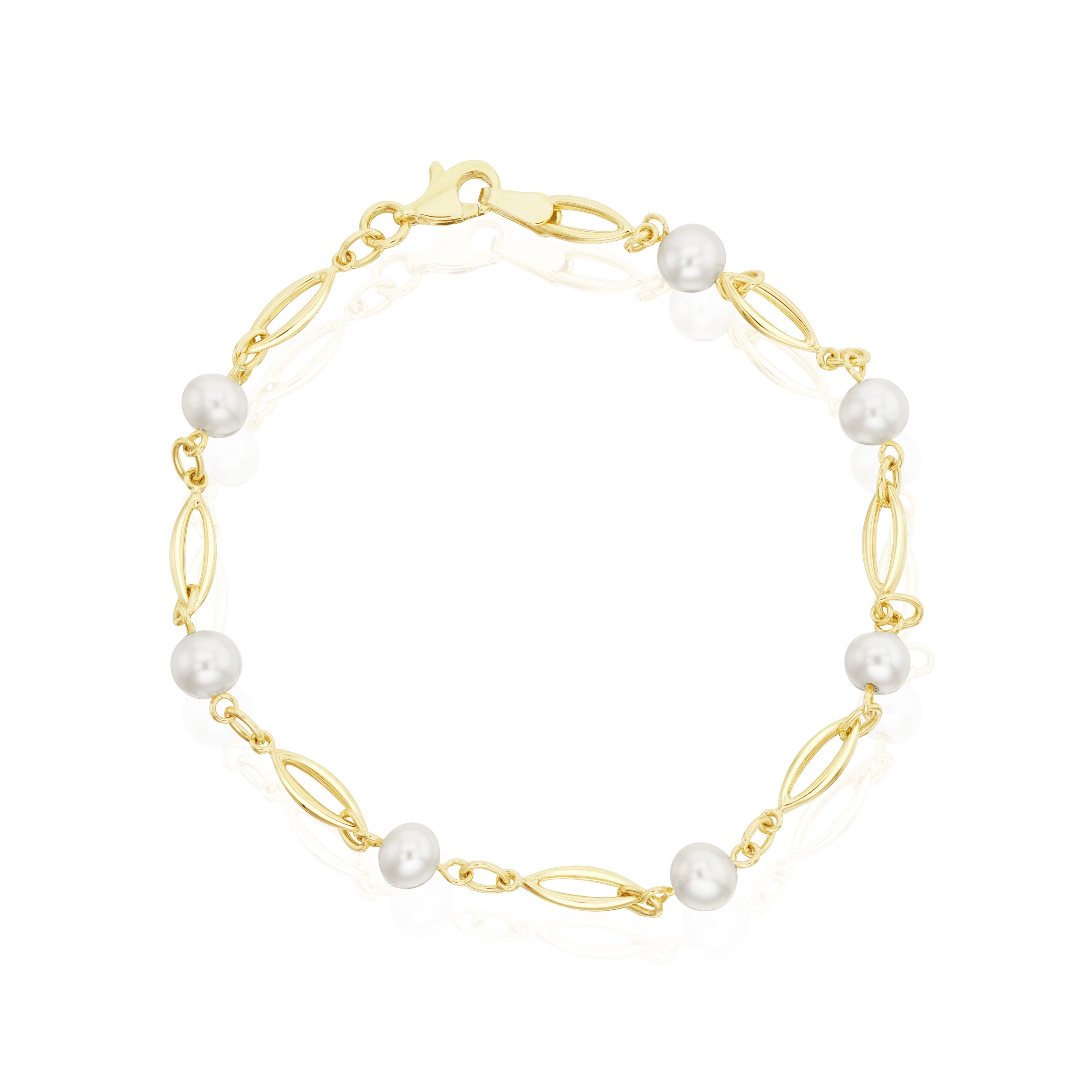 9CT YELLOW GOLD OPEN MARQUISE-SHAPE LINK AND CULTURED FRESHWATER PEARL BRACELET