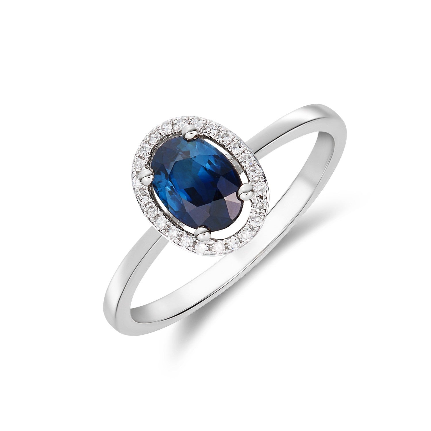 9CT WG 7X5 OVAL SAPPHIRE & ROUND DIAMOND HALO CLUSTER RING.
