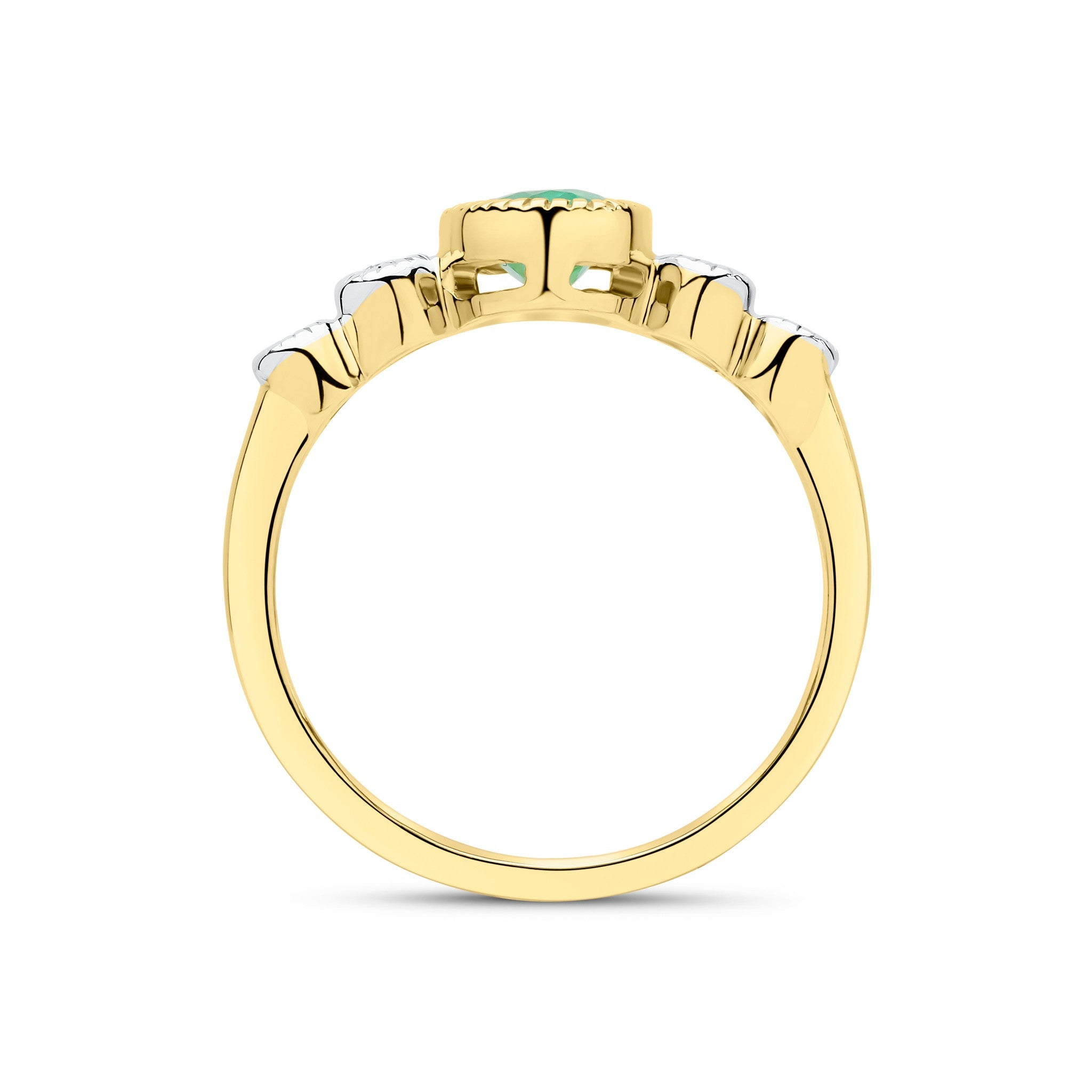 9CT YG 7X5 OVAL EMERALD & DIAMOND 2ST SHOULDERS MILLEGRAIN SET RING. RHODIUM TO DIAMONDS