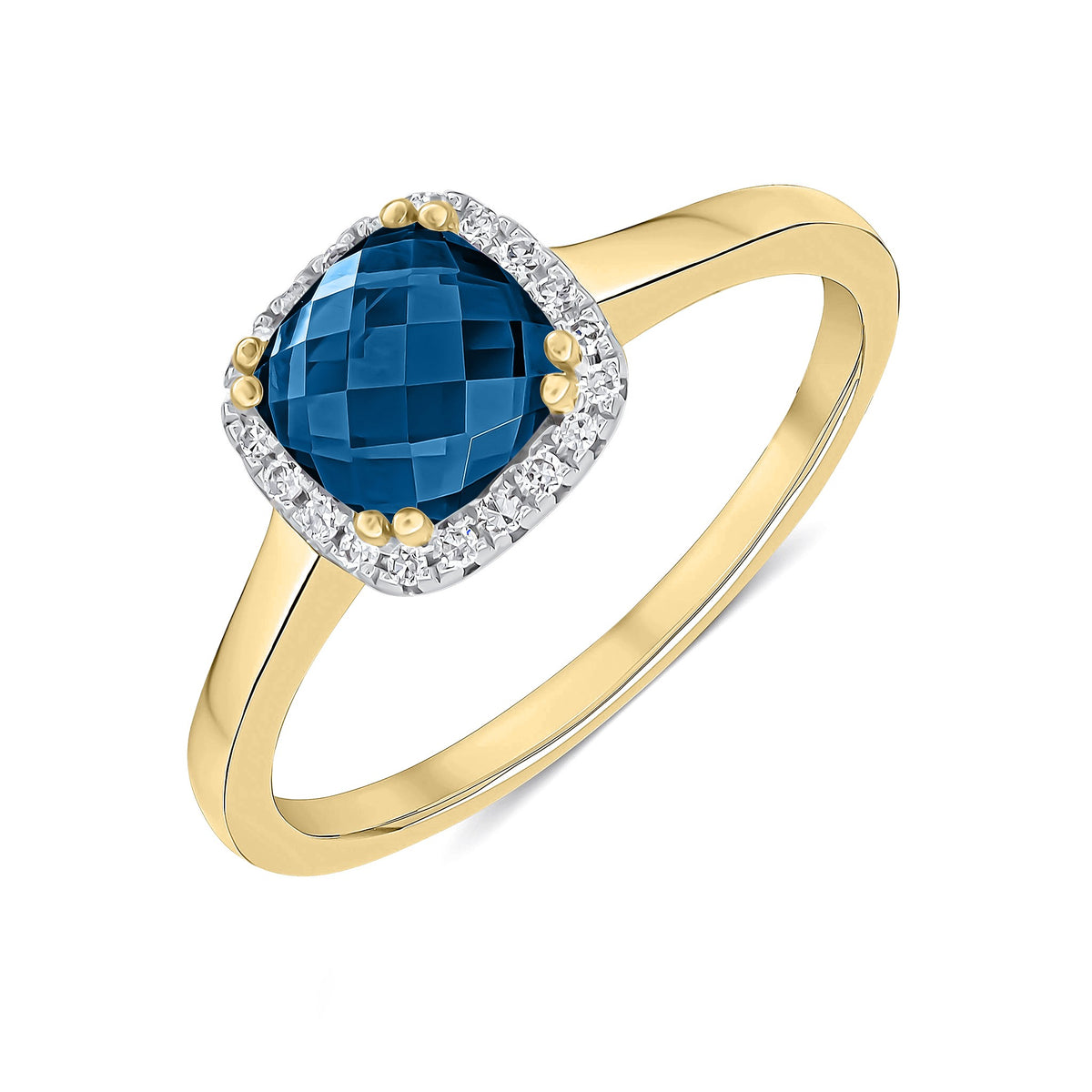 9CT YG 6MM CHECKERBOARD CUT CUSHION LONDON BLUE TOPAZ AND ROUND DIAMOND CLAW SET CLUSTER RING. RHODIUM TO DIAMONDS