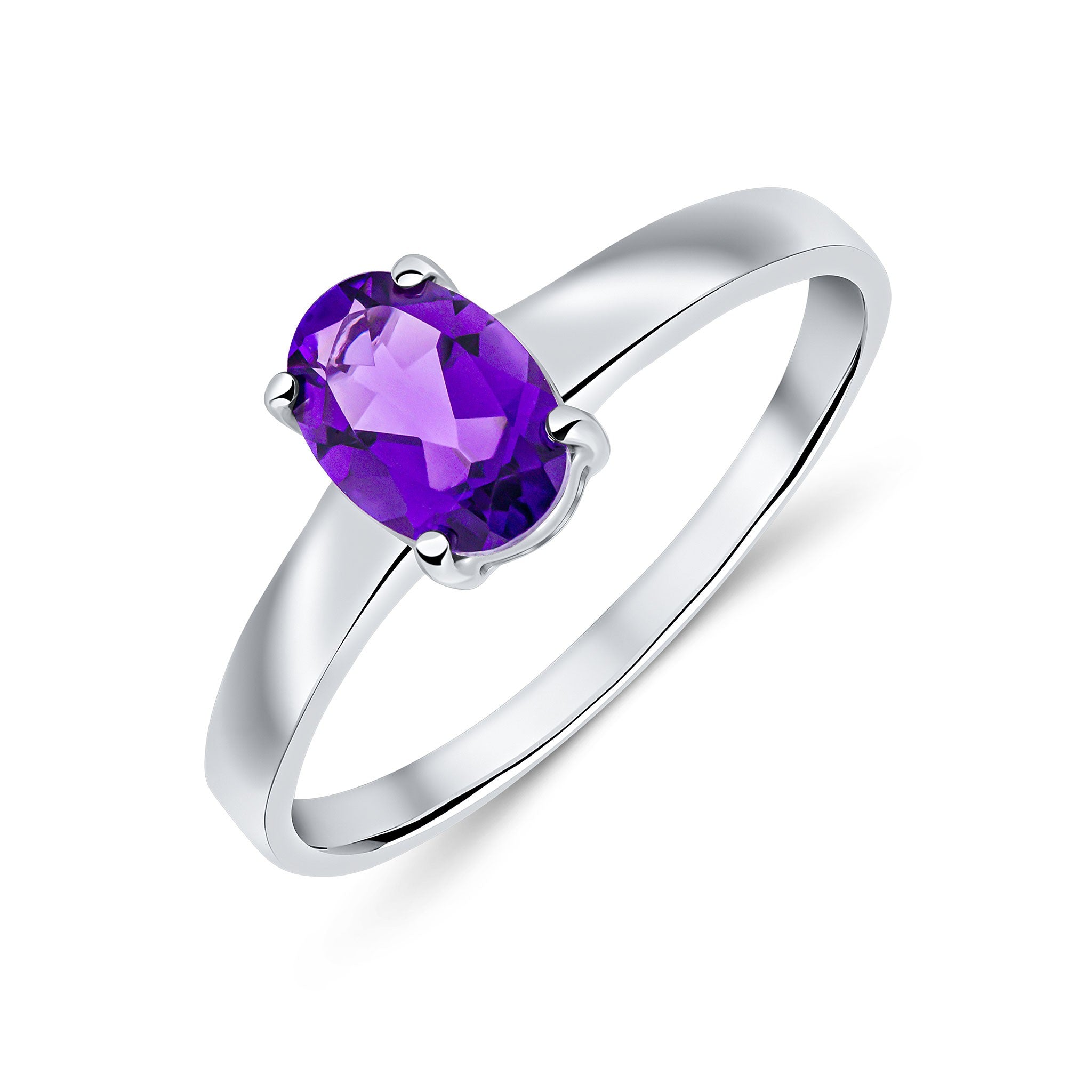 9CT WG 7X5MM OVAL AMETHYST 4 CLAW SINGLE STONE RING