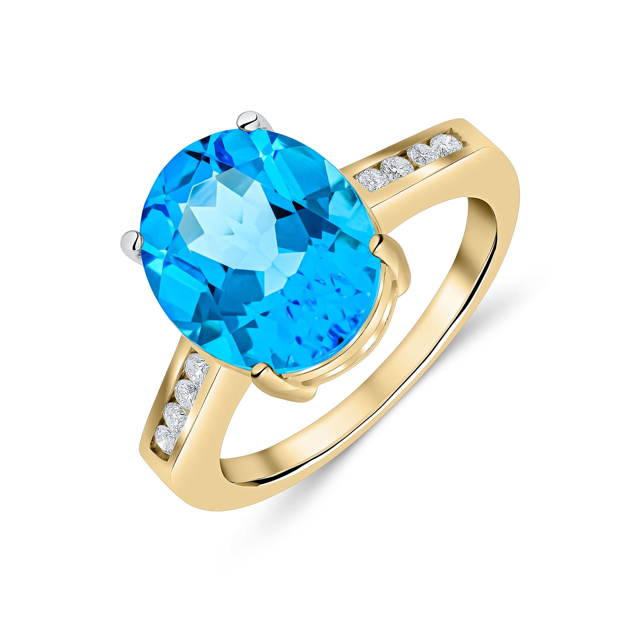 9CT YG 12X10MM CLAW SET OVAL SWISS BLUE TOPAZ SINGLE STONE RING WITH CHANNEL SET DIAMOND SHOULDERS