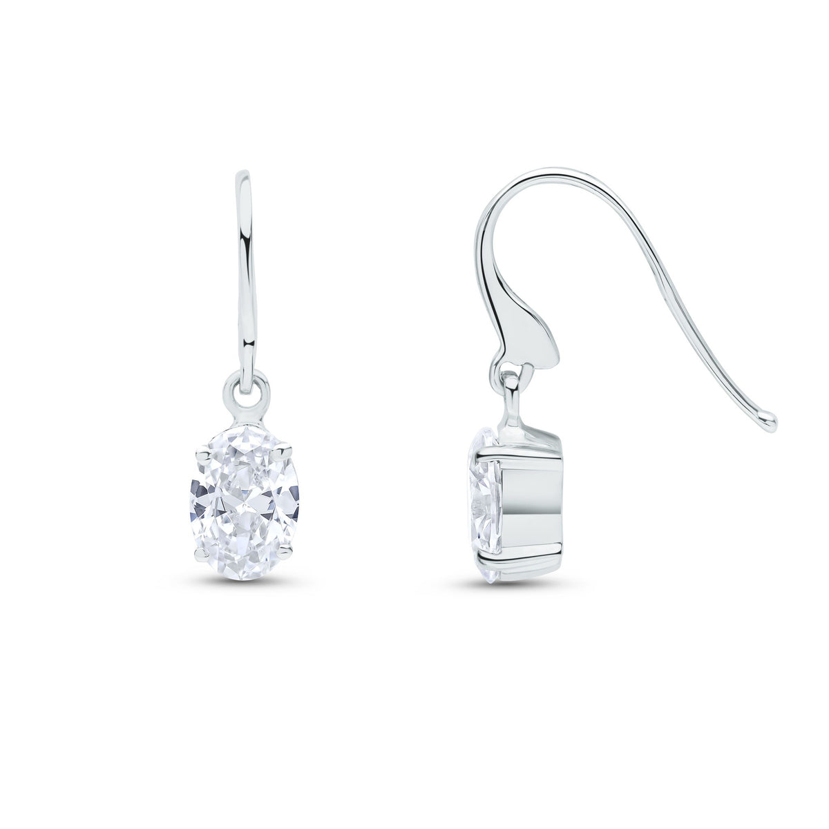 9CT WG 7X5 OVAL CZ CLAW SET DROP EARRINGS WITH HOOK WIRE FITTING