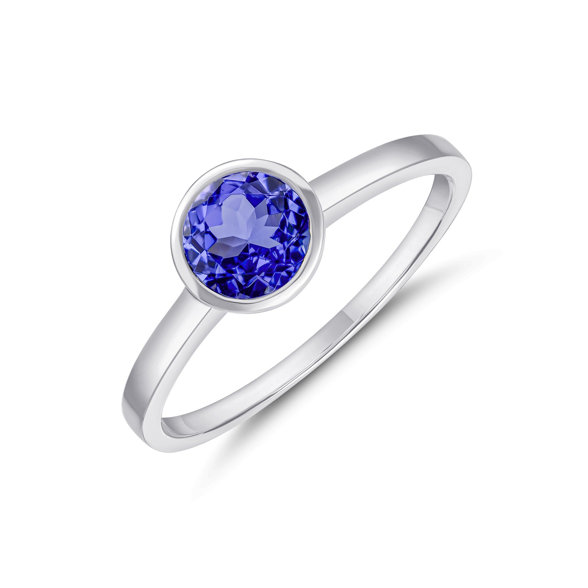 9CT WG 6MM ROUND TANZANITE RUBOVER SET SINGLE STONE RING
