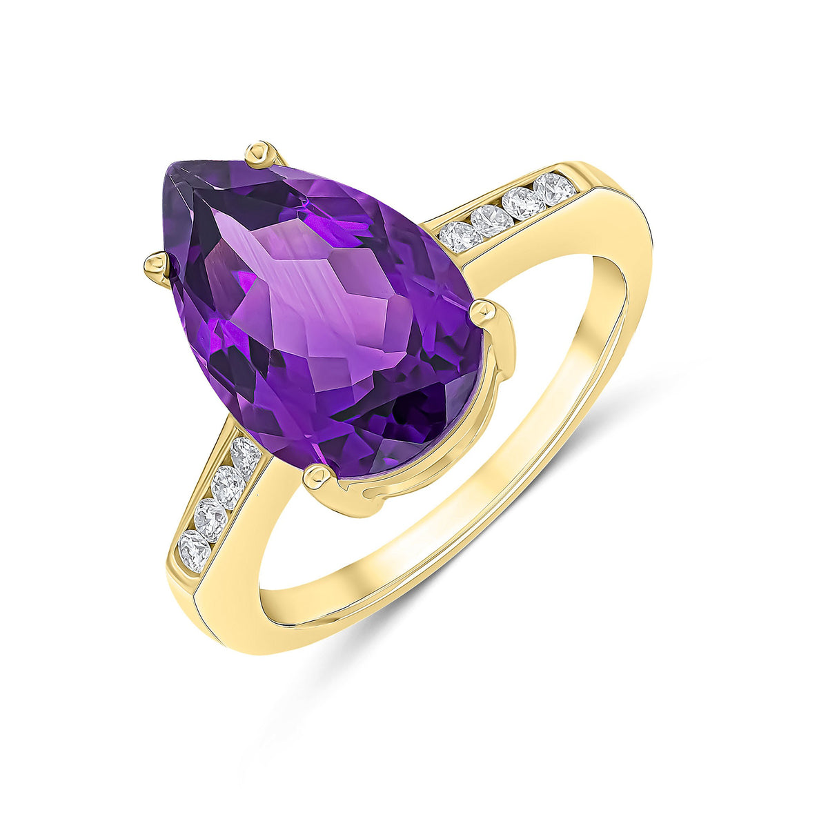 9CT YG 14X9 PEARSHAPE AMETHYST SINGLE STONE RING WITH CHANNEL SET DIAMOND SHOULDERS