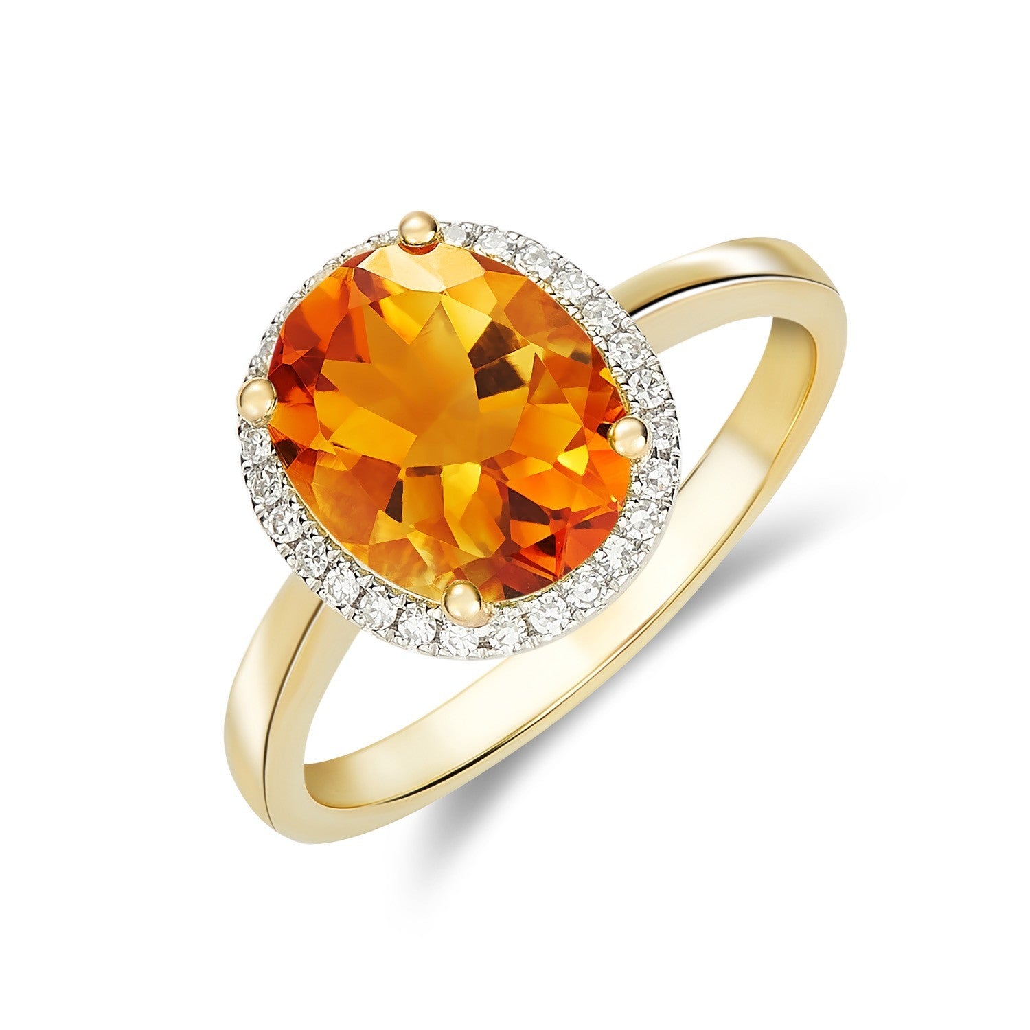 9CT YG 10X8 OVAL CITRINE AND DIAMOND CLAW SET CLUSTER RING. RHODIUM TO DIAMONDS