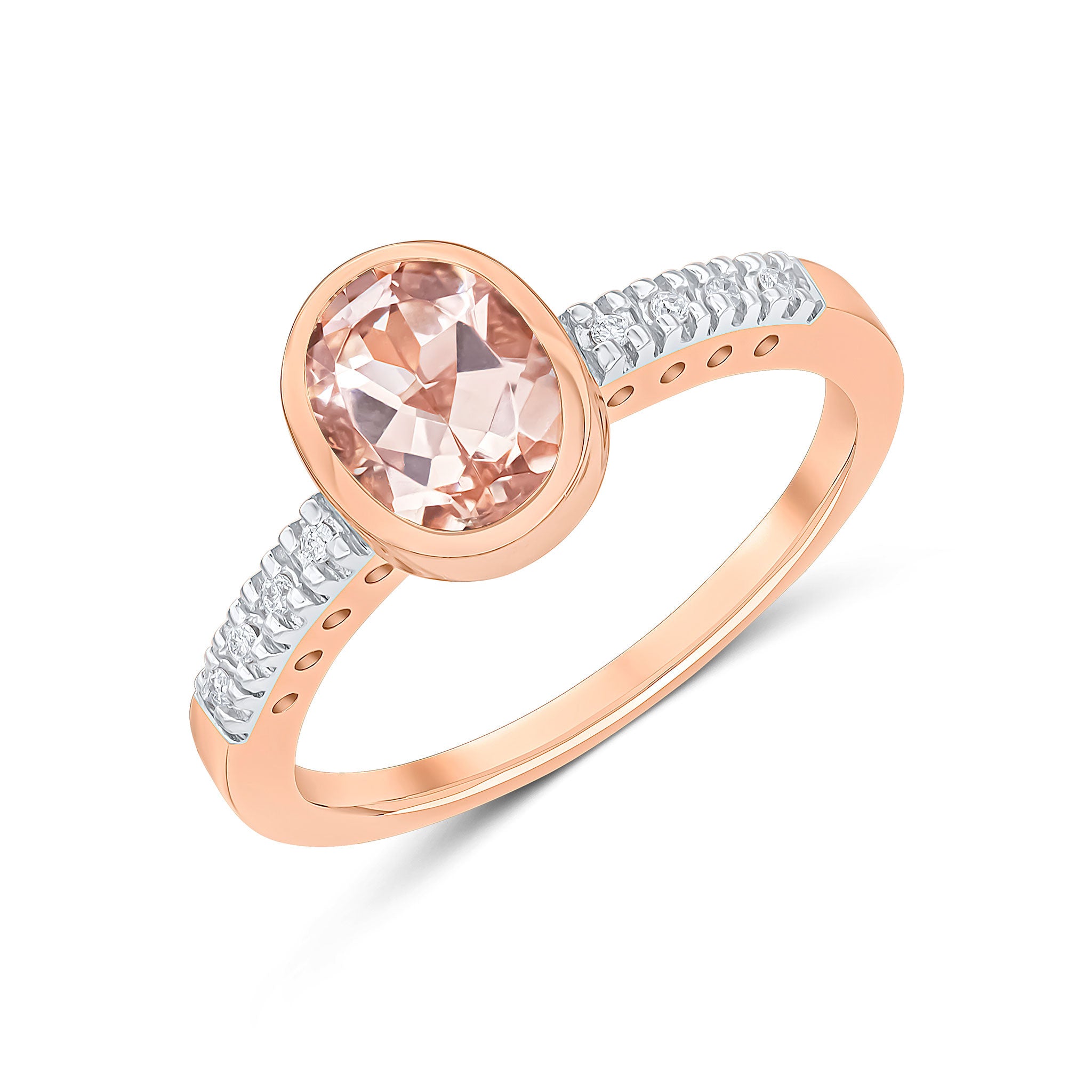 9CT RG RUBOVER 7X5 OVAL MORGANITE SINGLE STONE RING WITH CLAW SET DIAMOND SHOULDERS. RHODIUM TO DIAMONDS