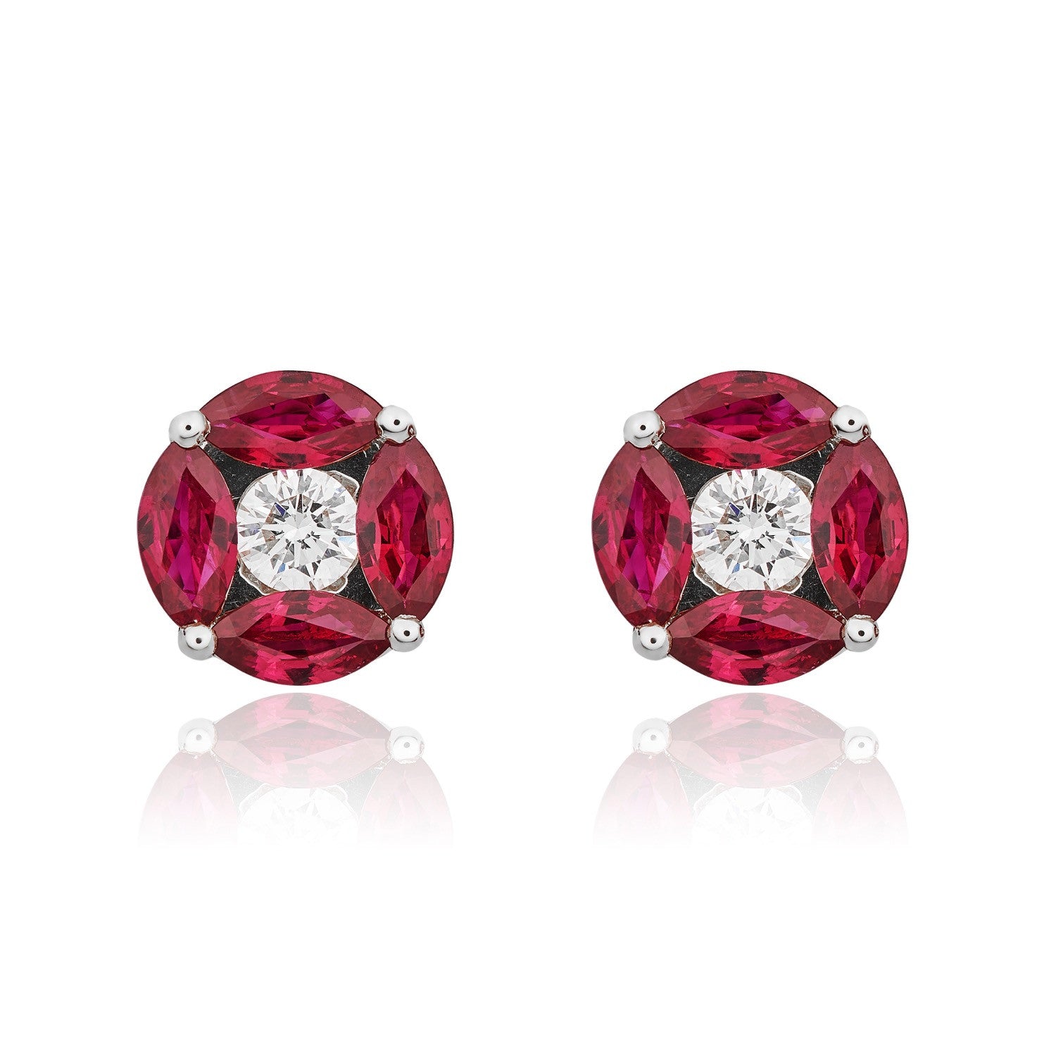 18CT WG MARQUISE RUBY AND ROUND DIAMOND CLUSTER EARRINGS