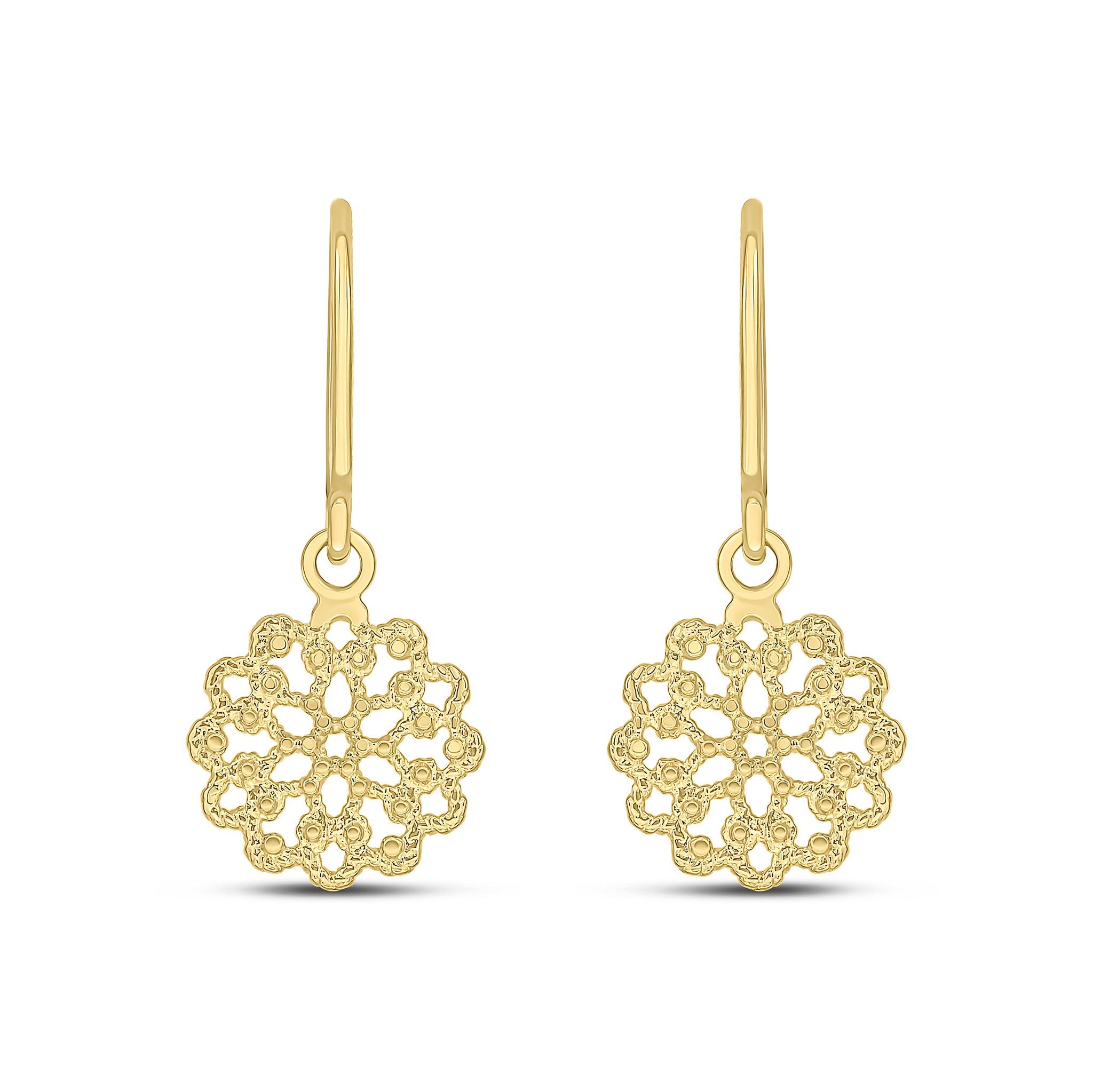 9CT YELLOW GOLD ROUND FLOWER FILLIGREE DROP EARRINGS WITH SHEPHERDS HOOK FITTING