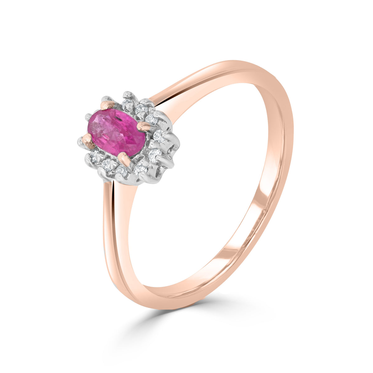 9CT RG 5X3 OVAL RUBY & DIAMOND CLAW SET CLUSTER RING. RHODIUM TO DIAMONDS