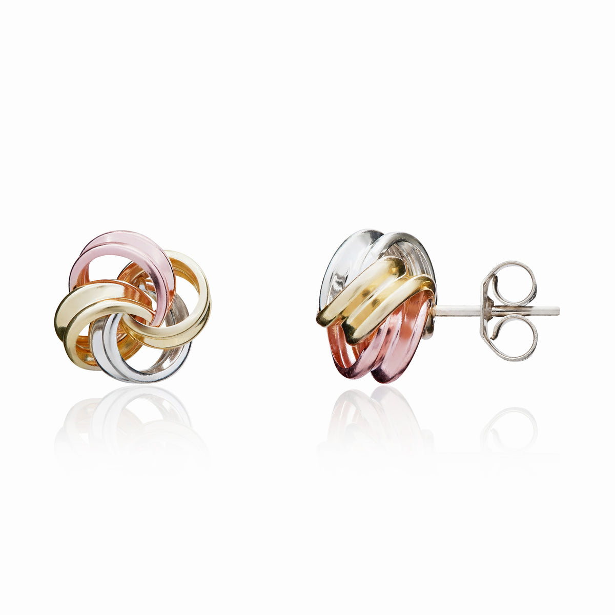9CT YELLOW, WHITE AND ROSE GOLD RIBBON LOOPS KNOT STUD EARRINGS