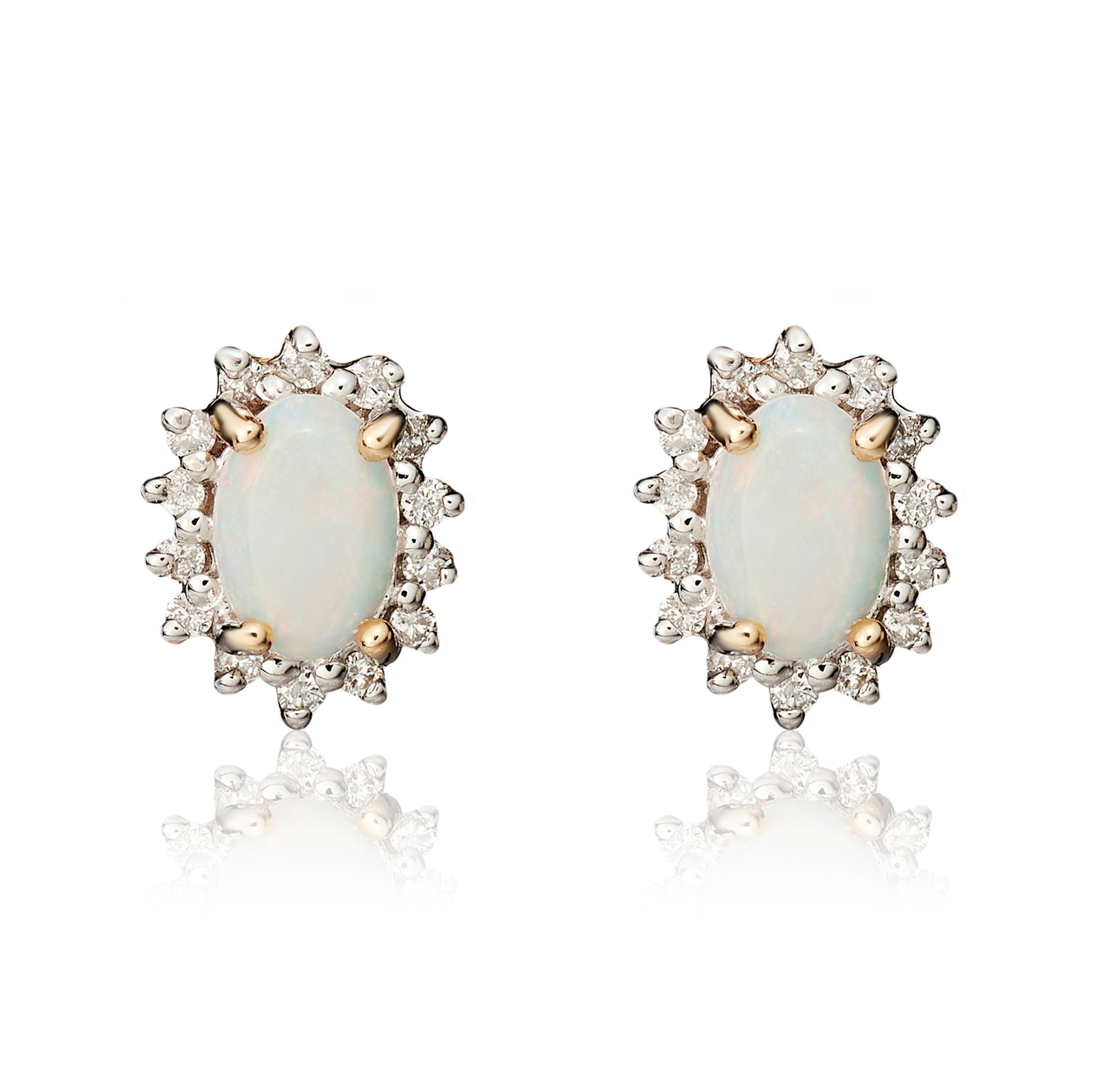 9CT YG 6X4 OVAL OPAL & DIAMOND CLAW SET CLUSTER EARRINGS. RHODIUM TO DIAMONDS