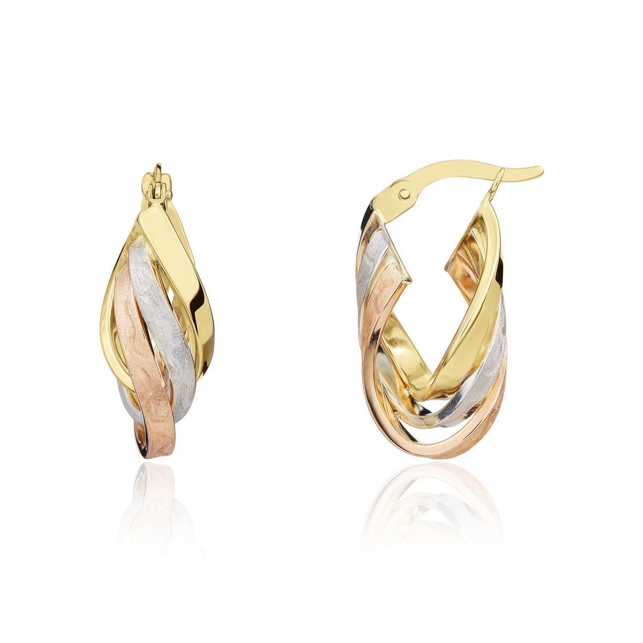 9CT 3 COLOUR SATIN & POLISHED 3 ROW WAVY HOOP EARRINGS