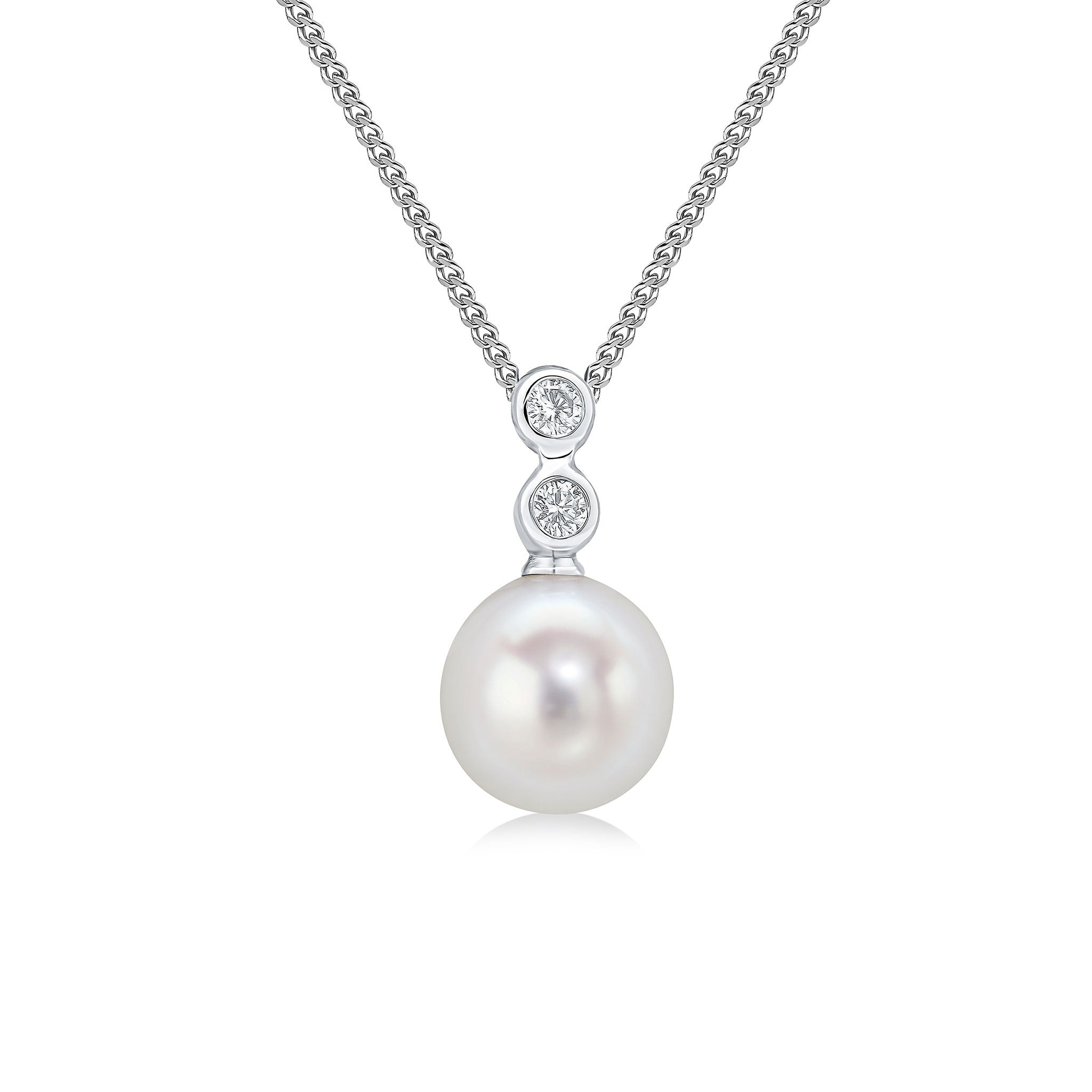18CT WHITE GOLD RUBOVER ROUND DIAMOND & FRESHWATER CULTURED PEARL 3 STONE PENDANT
