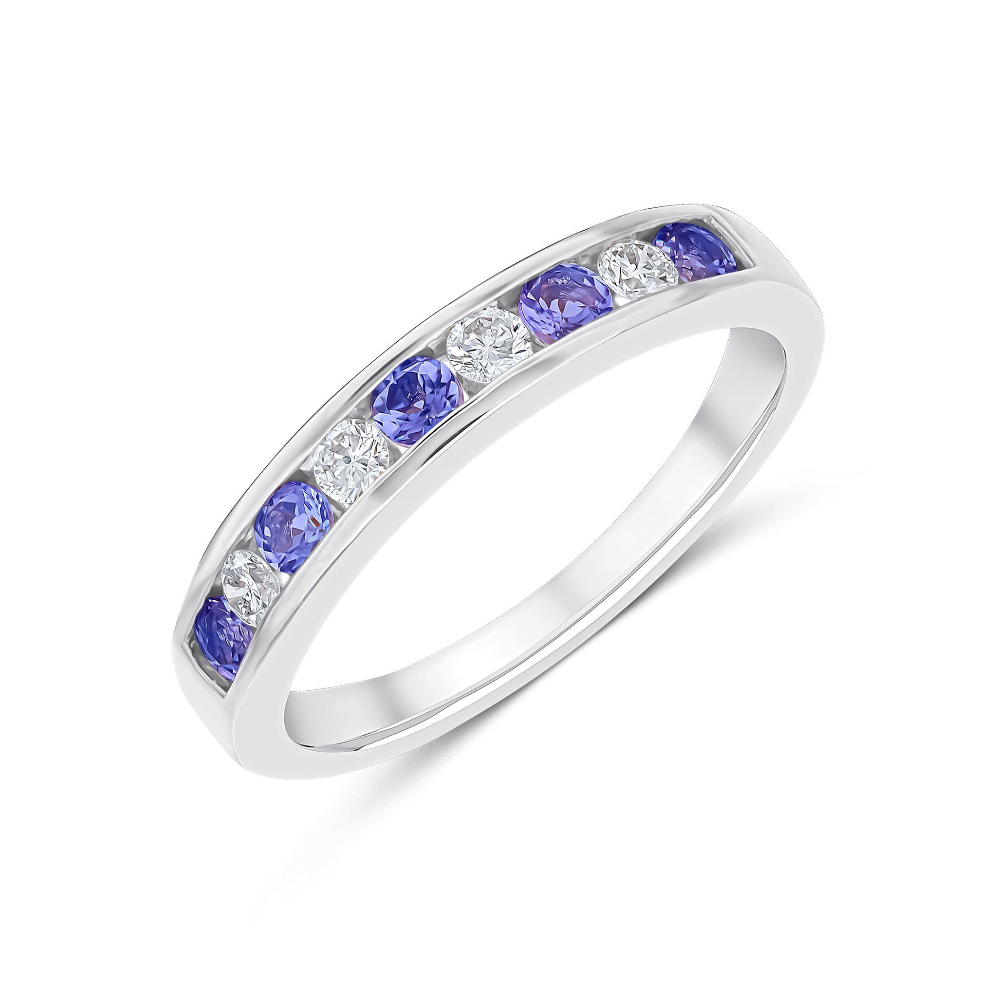 9CT WG ROUND TANZANITE AND DIAMOND 9ST CHANNEL SET HALF ETERNITY RING