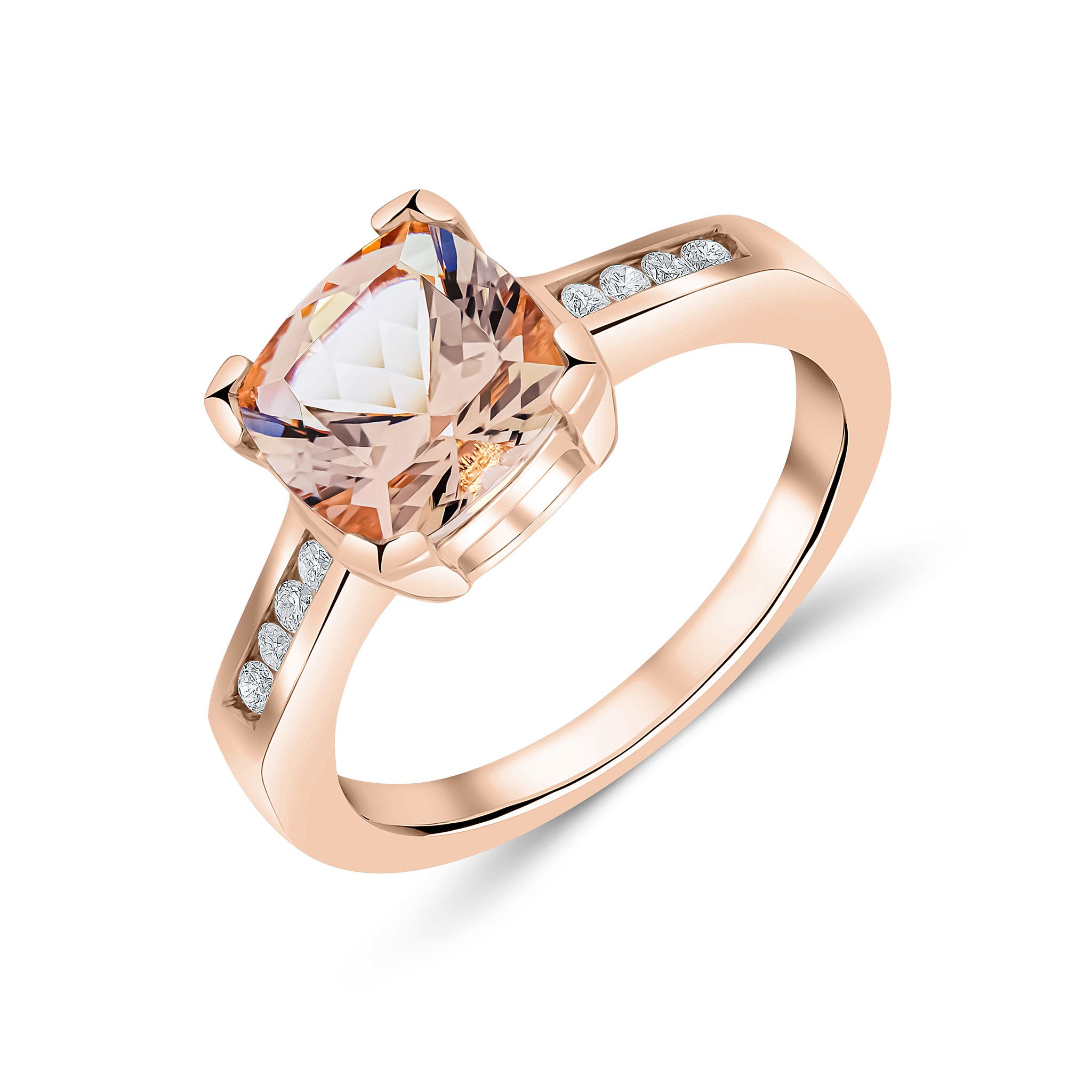 9CT RG CLAW SET CUSHION MORGANITE SINGLE STONE RING WITH CHANNEL SET DIAMOND SHOULDERS