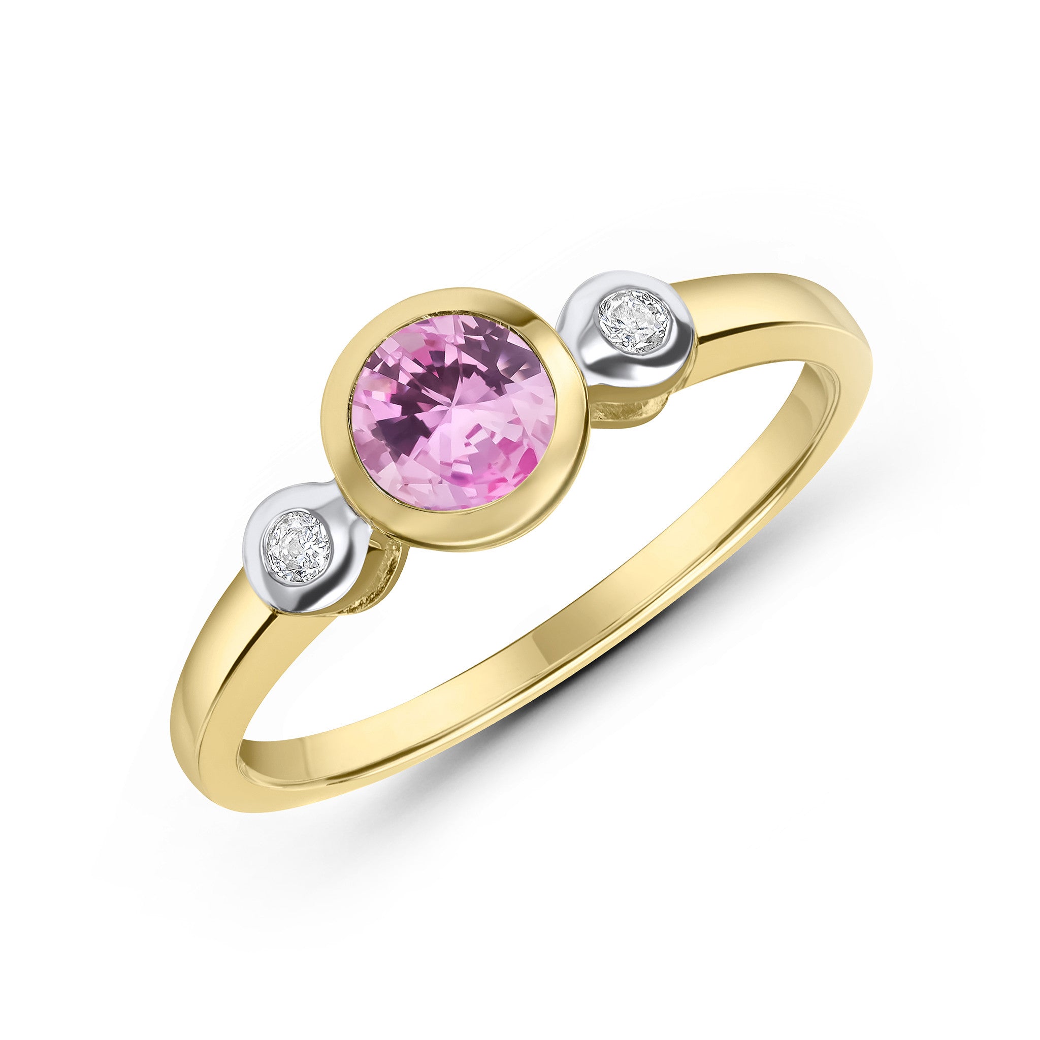 9CT YG 5MM ROUND PINK TOURMALINE AND DIAMOND RUBOVER 3ST RING. RHODIUM TO DIAMONDS