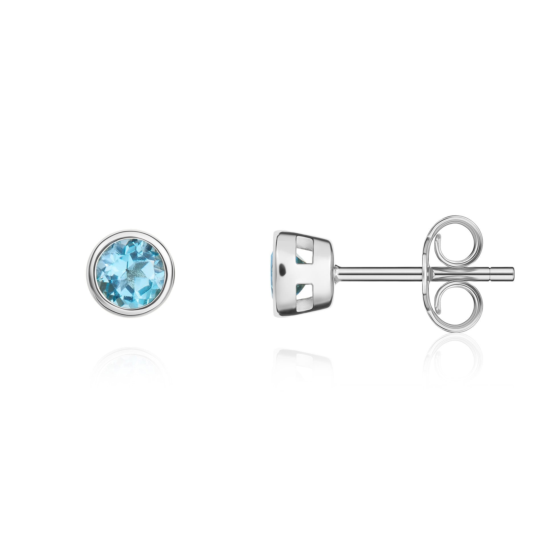 9CT WG 3MM ROUND SWISS BLUE TOPAZ RUBOVER STUD EARRINGS