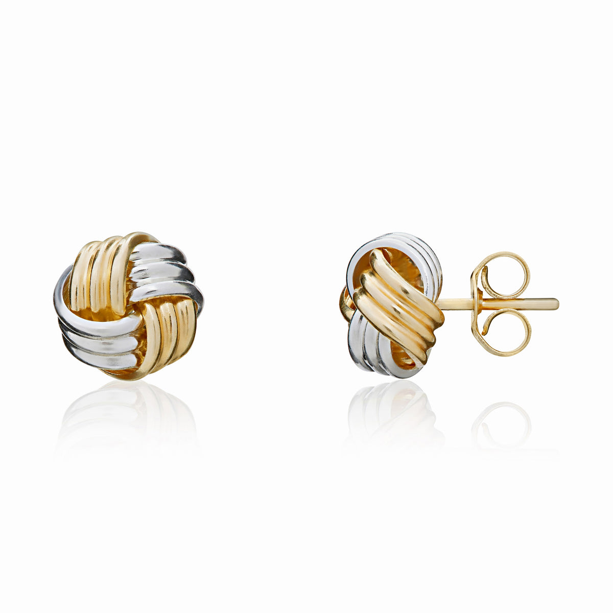 9CT YELLOW AND WHITE GOLD 7MM RIBBED KNOT STUD EARRINGS