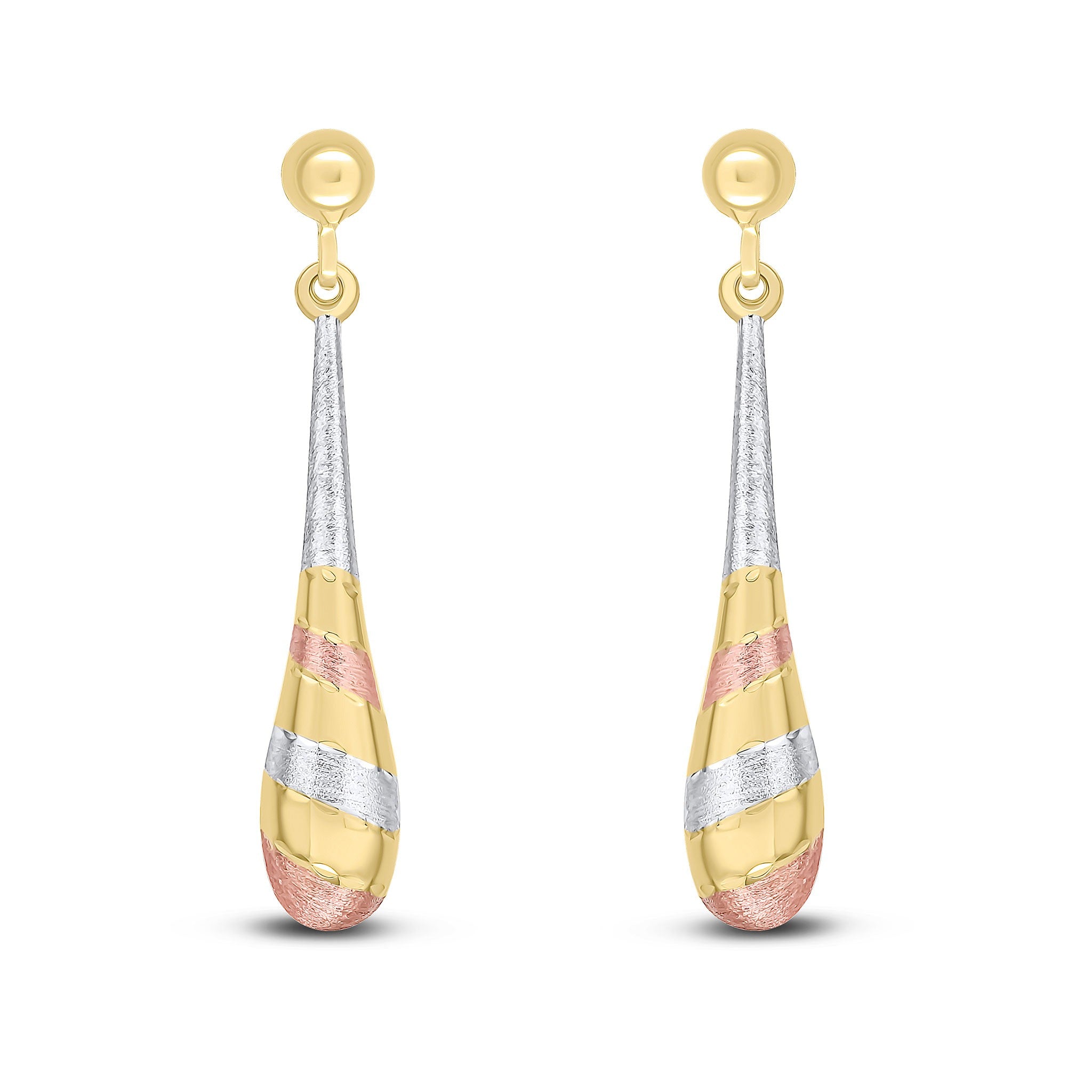 9CT YELLOW, WHITE AND ROSE GOLD STRIPED TORPEDO DROP EARRINGS WITH POLISHED HALF BEAD TOP