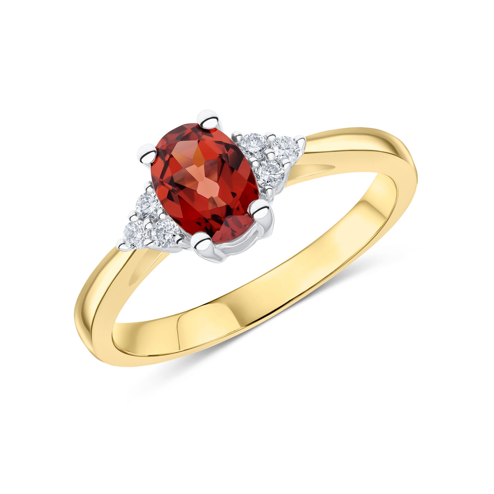 9CT YWG 7X5 OVAL GARNET & DIAMOND TREFOIL SHOULDERS RING