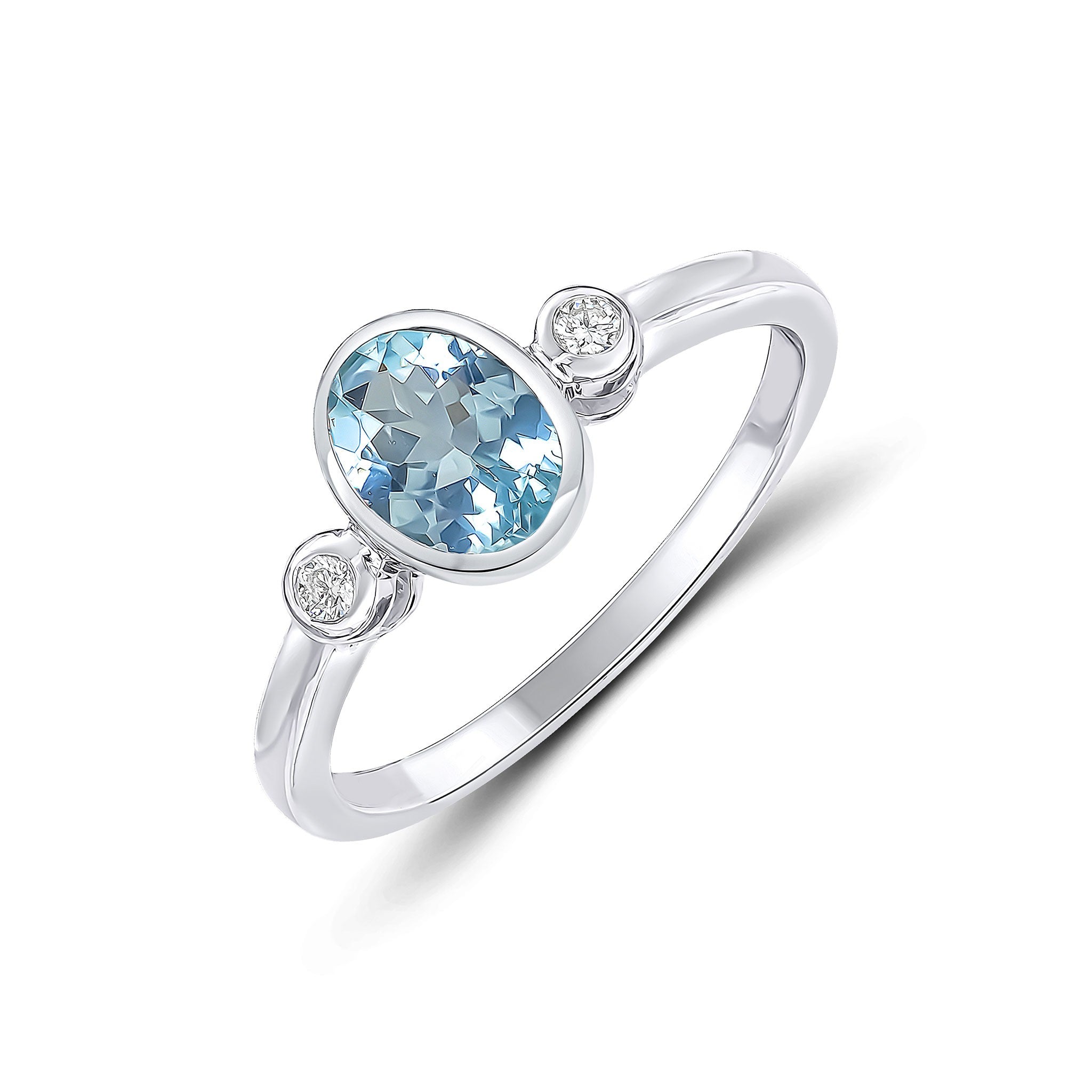 9CT WG 7X5 OVAL AQUA AND ROUND DIAMOND 3ST RUBOVER RING
