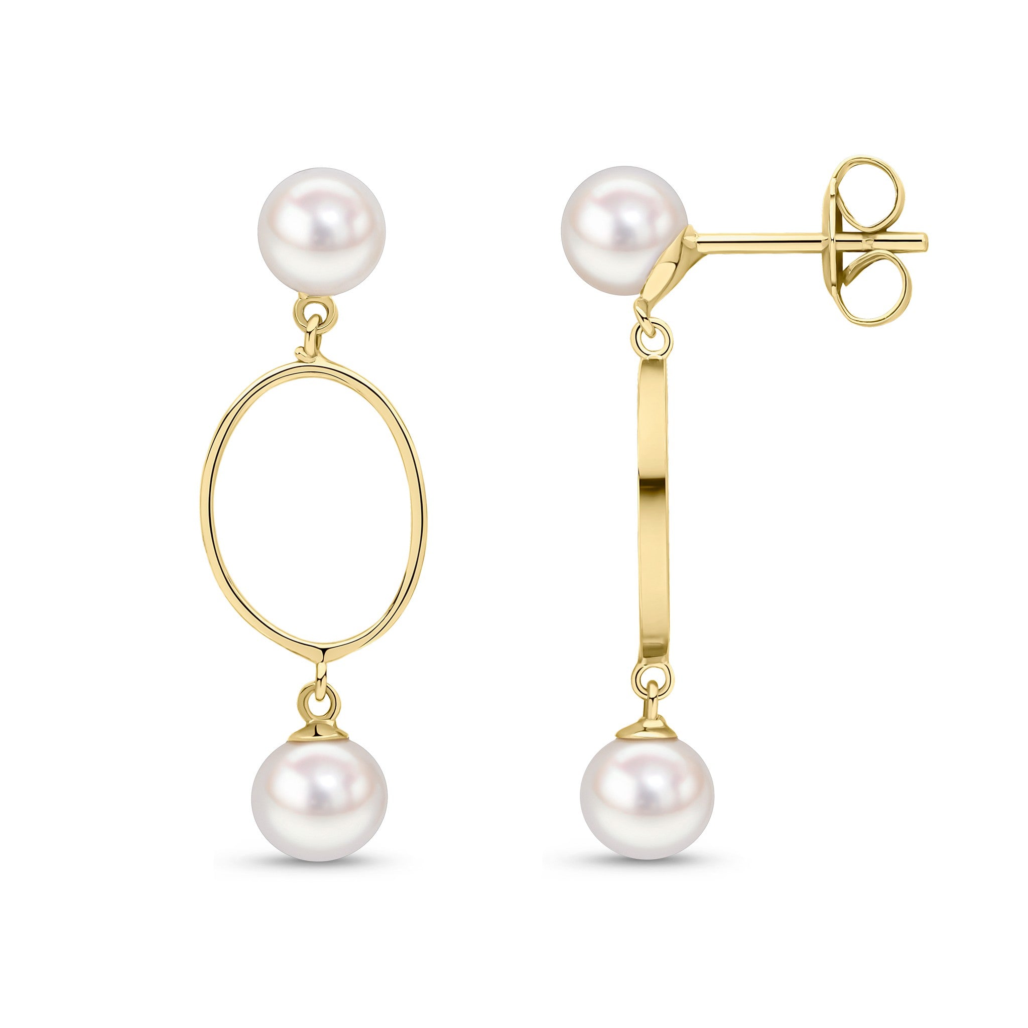 9CT YG OPEN OVAL DROP EARRINGS WITH 5MM FW PEARL TOP AND BOTTOM