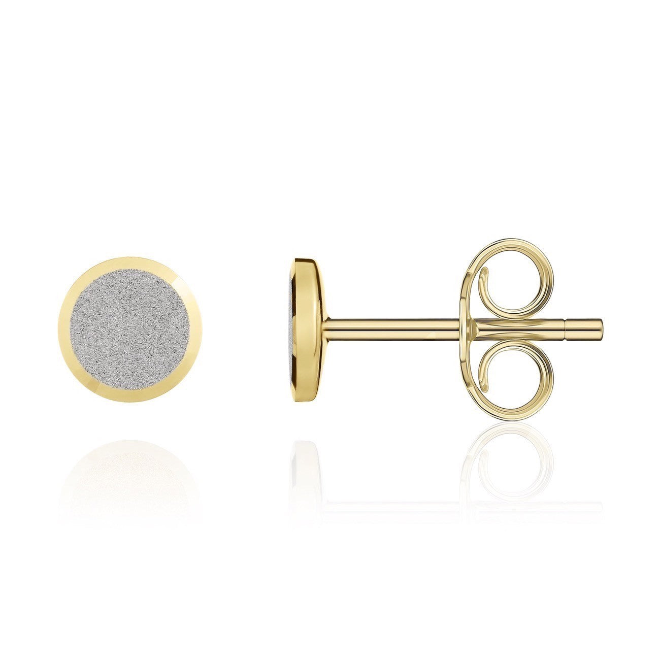18CT WG SATIN FINISH 6.5MM FLAT DISC STUD EARRINGS WITH YG POLISHED BEVELLED EDGE