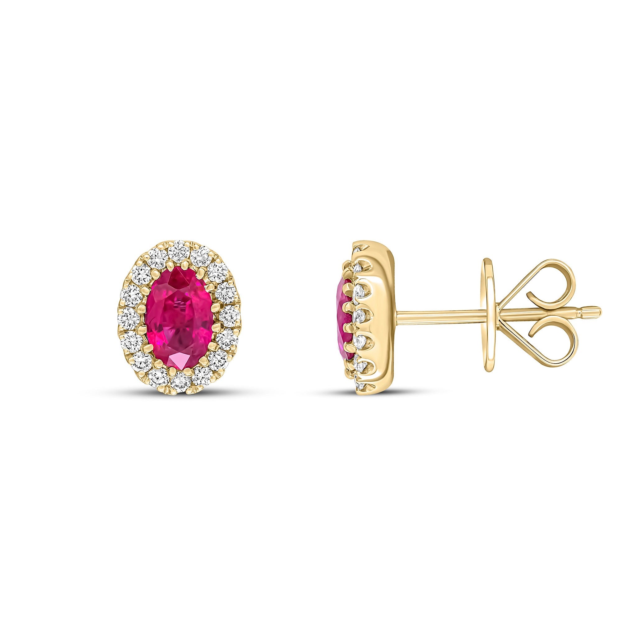 18CT YG 6X4 OVAL RUBY AND ROUND DIAMOND CLAW CLUSTER EARRINGS