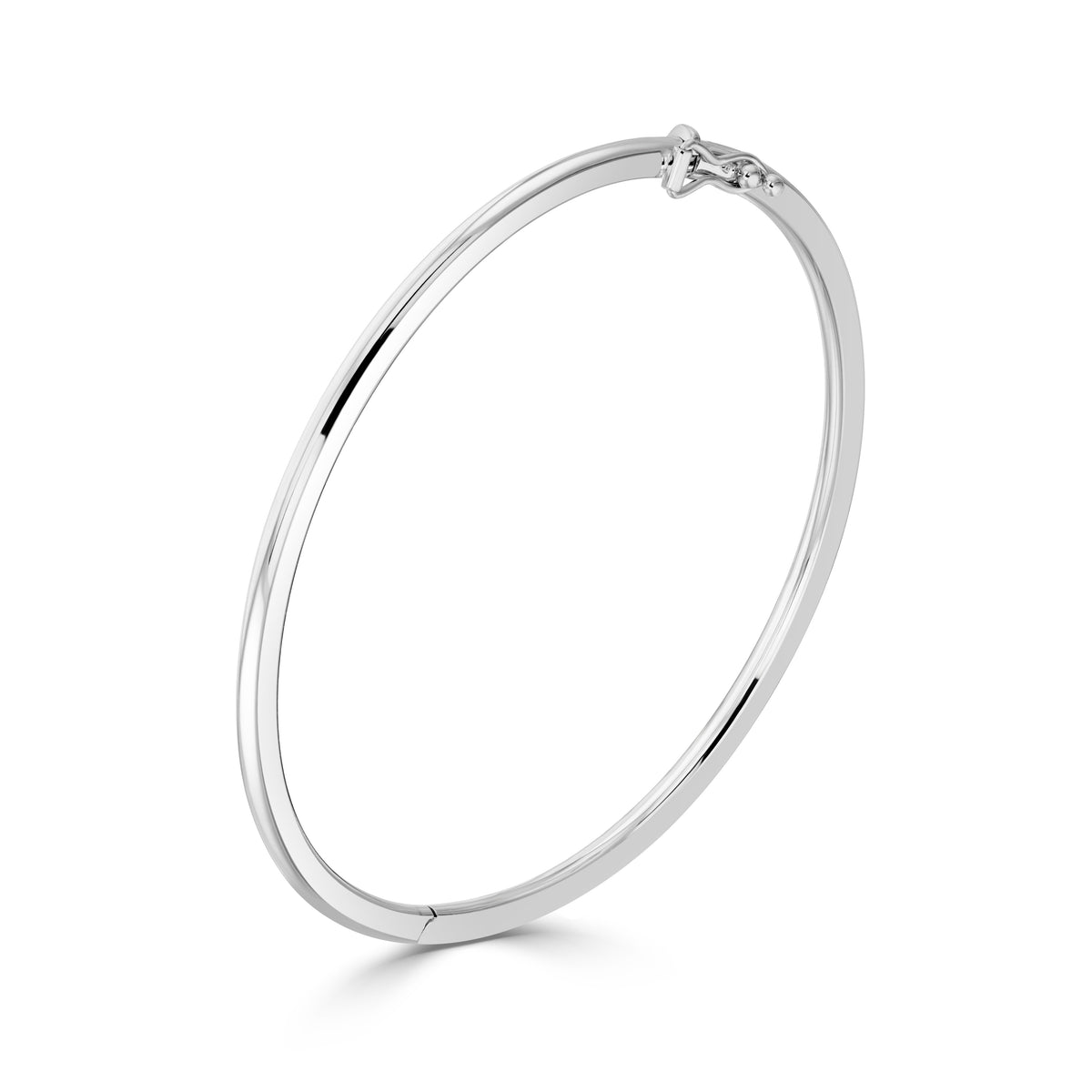 9CT WHITE GOLD ROUND SECTION POLISHED OVAL SHAPE HINGED SOLID BANGLE