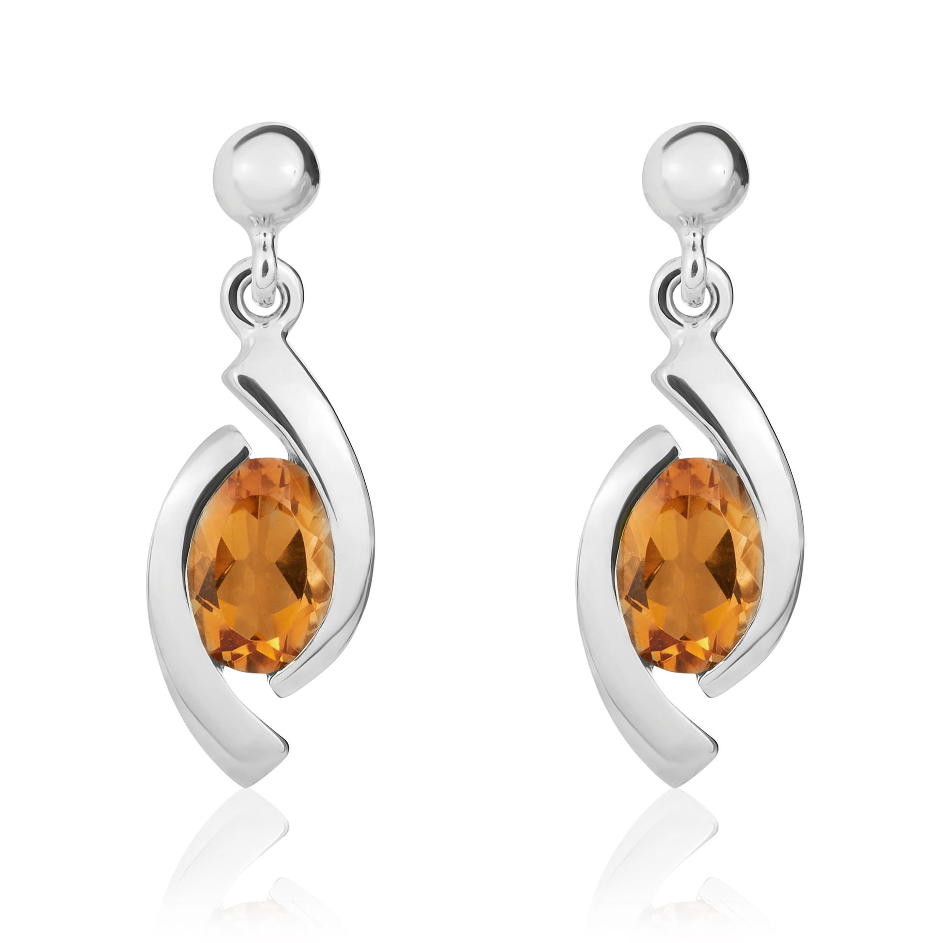 9CT WG OVAL CITRINE 'EYE' DROP EARRINGS WITH 3MM BEAD TOP