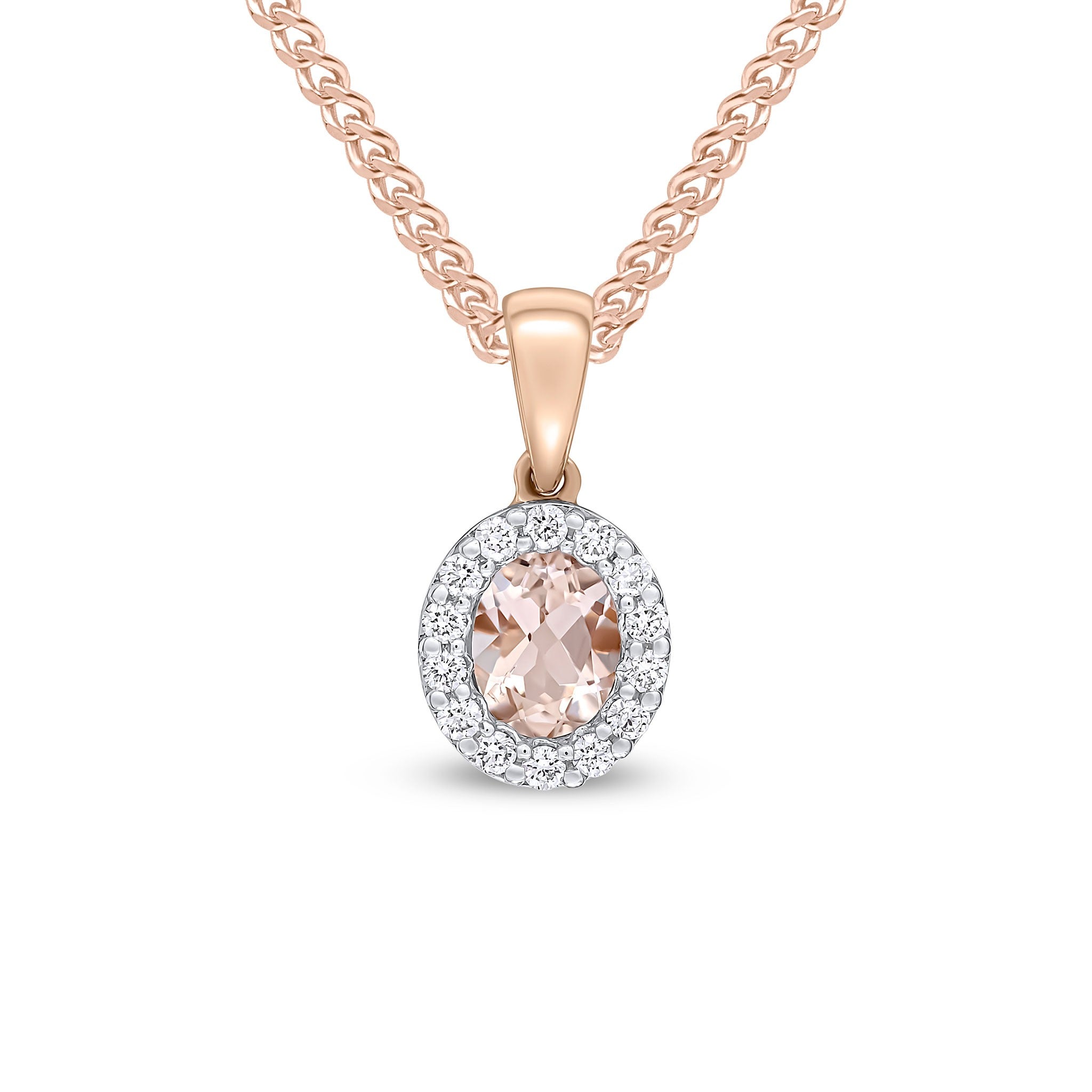 18CT RG 5X4 OVAL MORGANITE & DIAMOND MICROSET CLUSTER PENDANT
