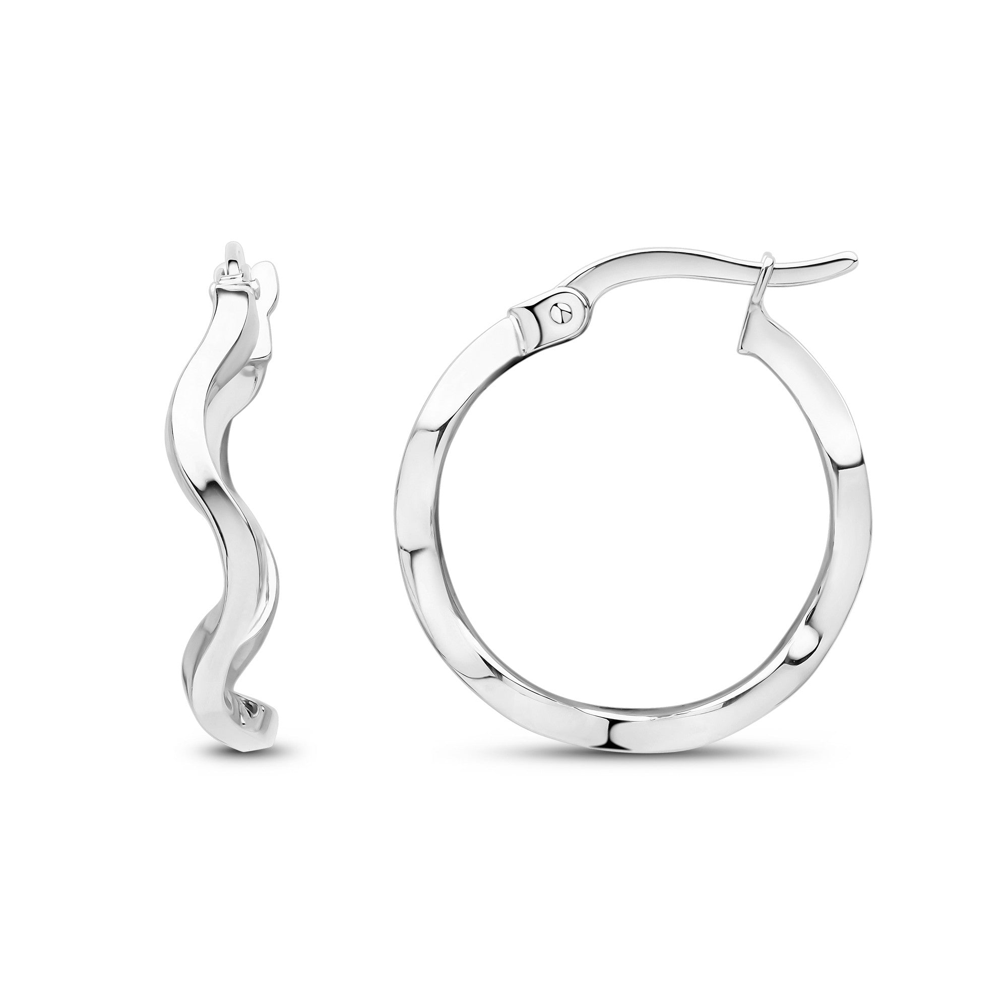 9CT WG ROUND POLISHED WAVY HOOP EARRINGS. 18MM DIAMETER