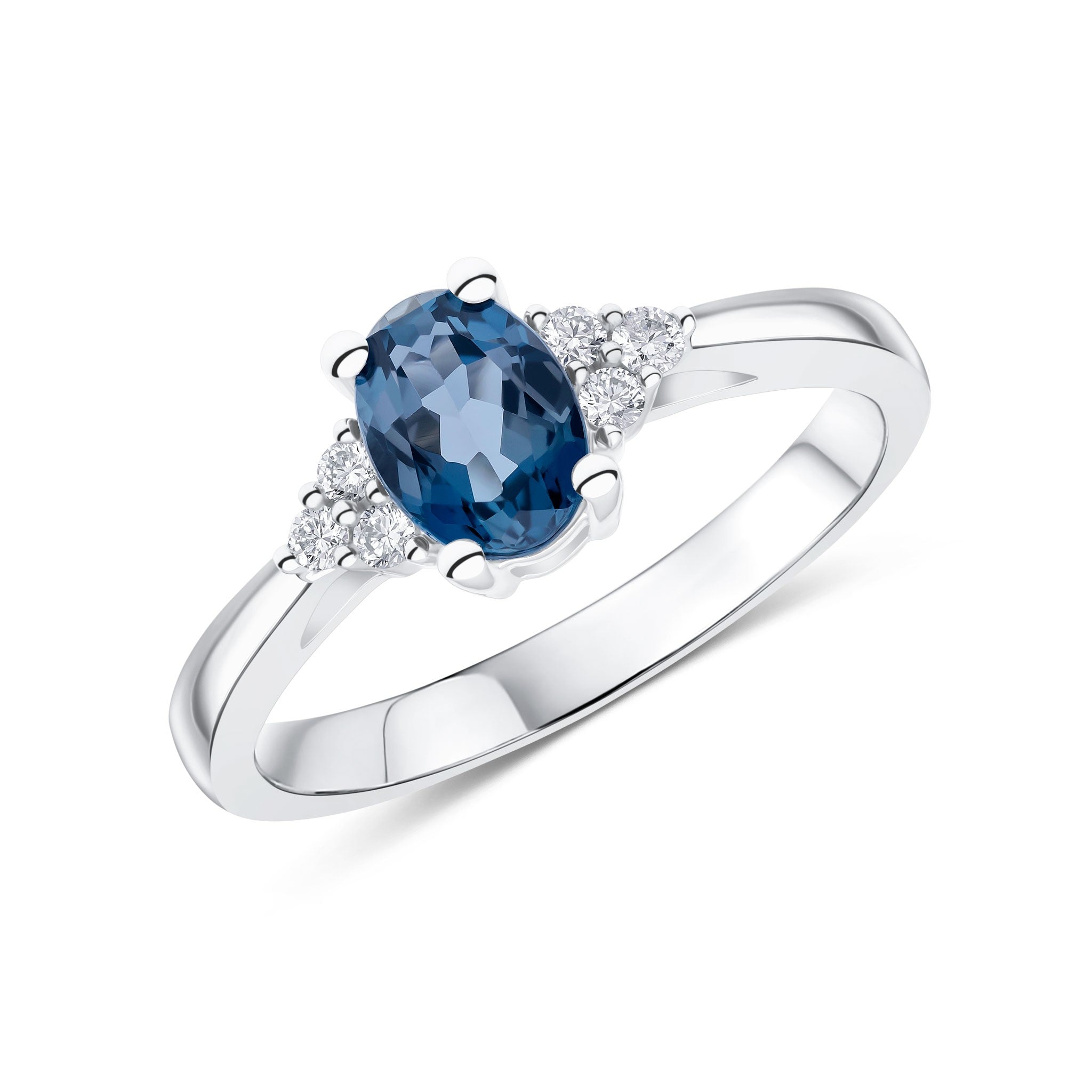 9CT WG 7X5 OVAL LONDON BLUE TOPAZ & DIAMOND TREFOIL SHOULDERS RING