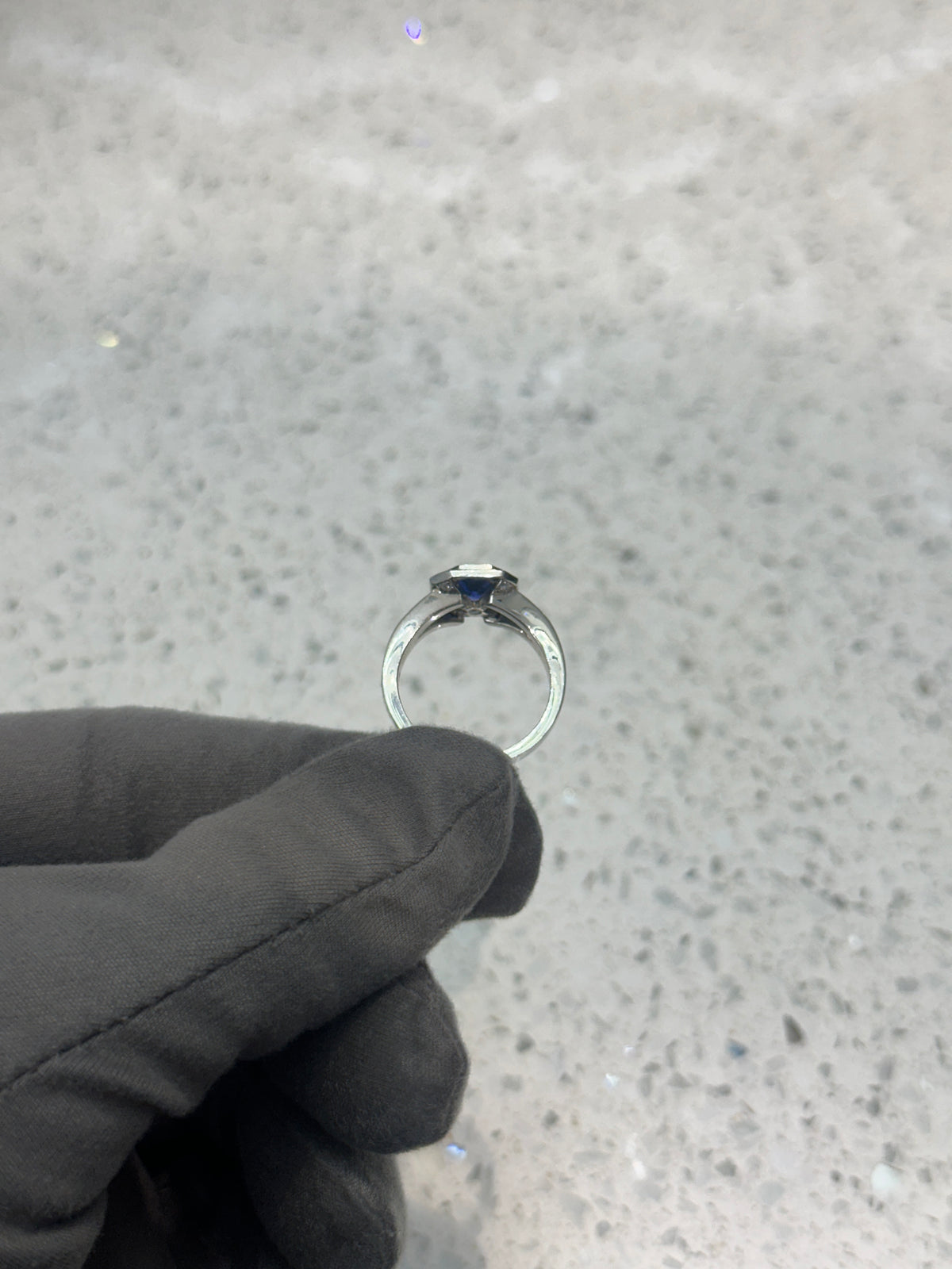 Platinum Blue Emerald cut Sapphire & Diamond Halo Split Shank Ring