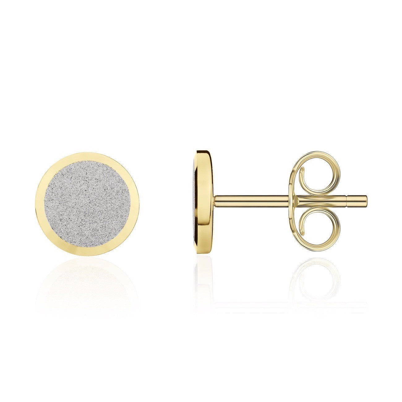 18CT WG SATIN FINISH 8.5MM FLAT DISC STUD EARRINGS WITH YG POLISHED BEVELLED EDGE