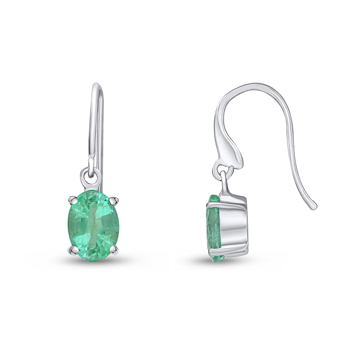 9CT WG 7X5 OVAL EMERALD CLAW SET DROP EARRINGS WITH HOOK WIRE FITTING