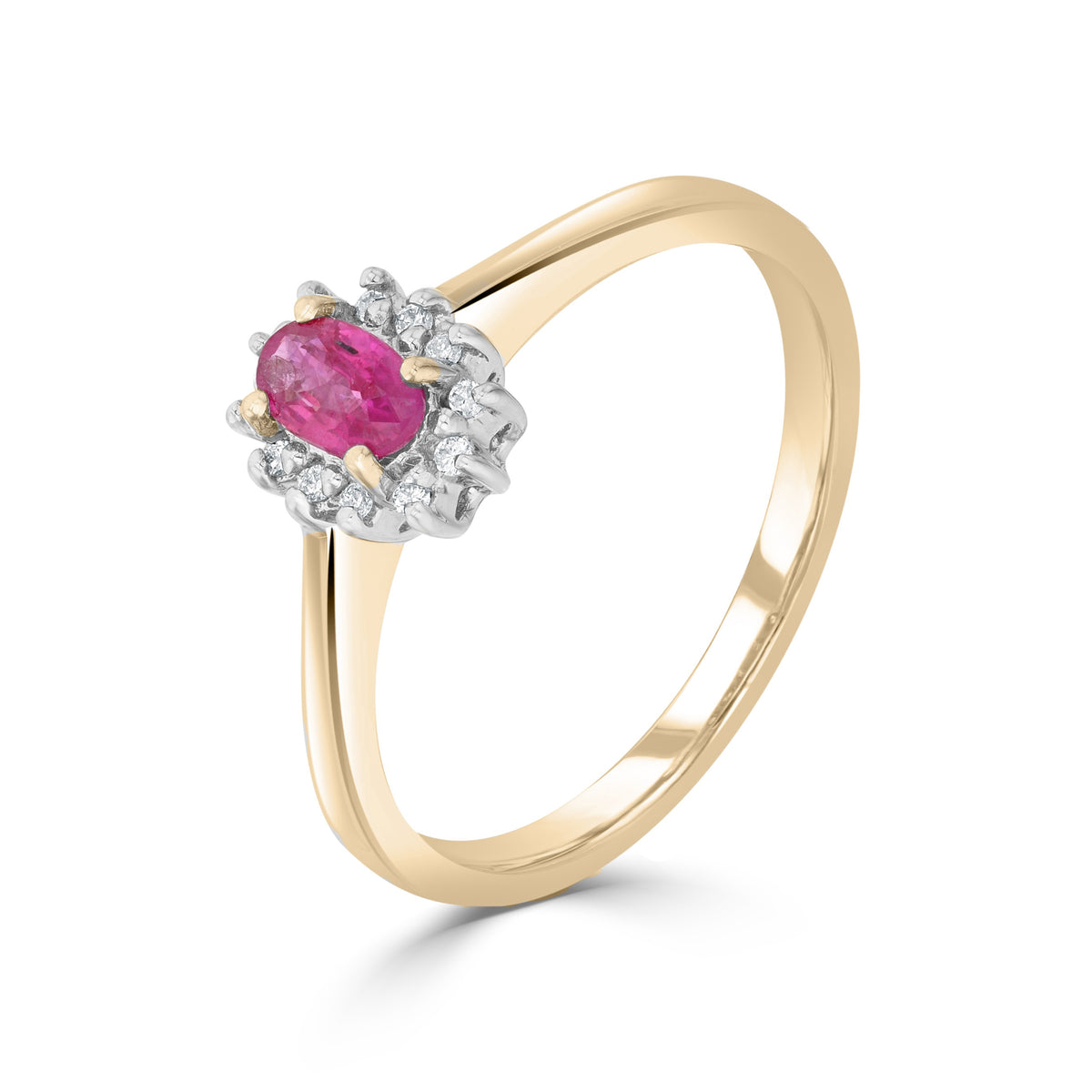 9CT YG 5X3 OVAL RUBY & DIAMOND CLAW SET CLUSTER RING. RHODIUM TO DIAMONDS