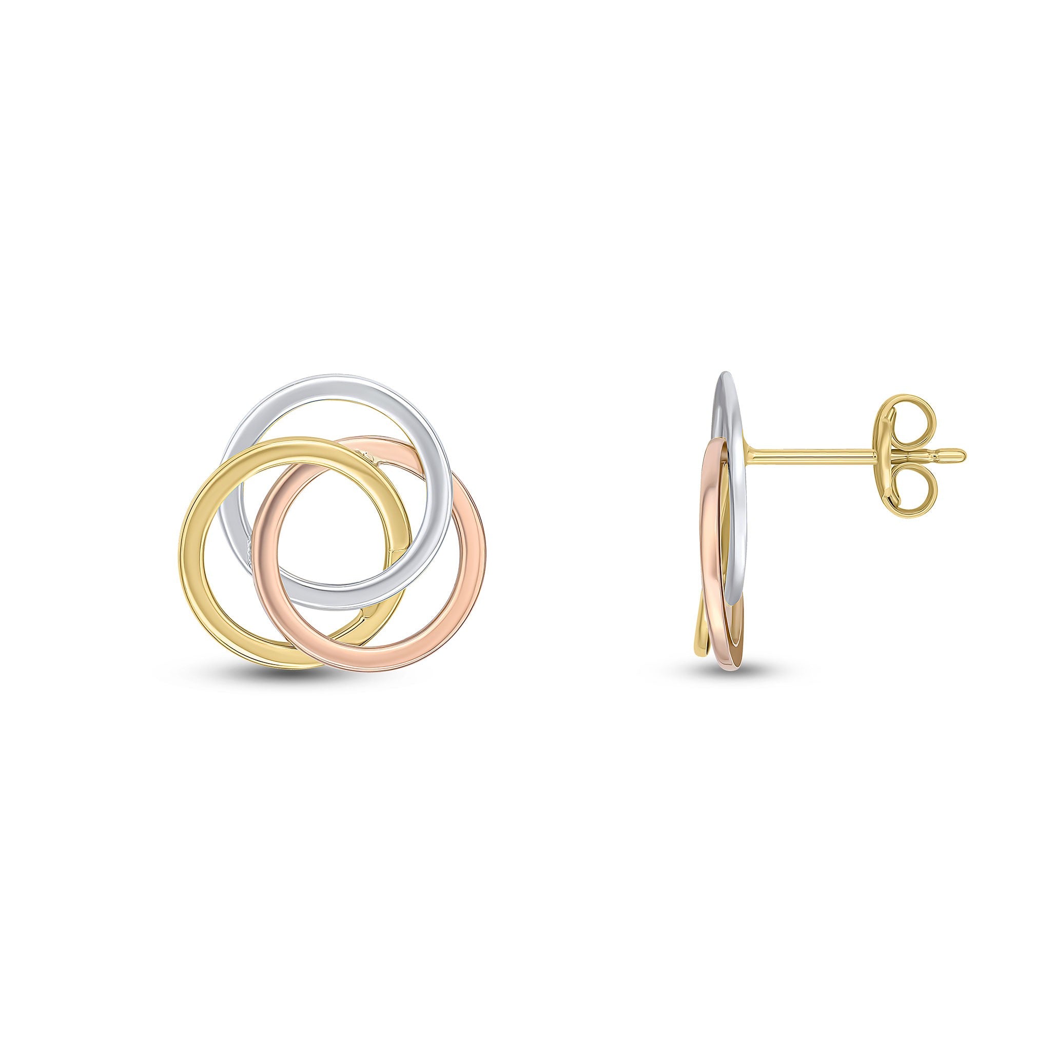 9CT YELLOW, WHITE AND ROSE GOLD POLISHED FINISH FLAT CIRCLES KNOT EARRINGS